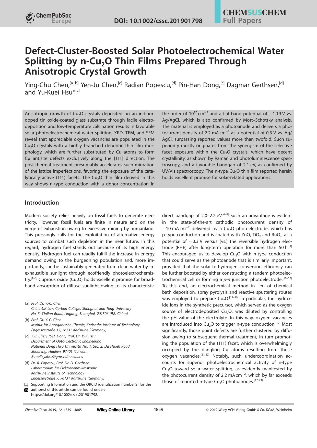 DefectâClusterâBoosted Solar Photoelectrochemical Water Splitting by nâCu2O Thin Films Prepared Through Anisotropic Crystal Growth by Unknown