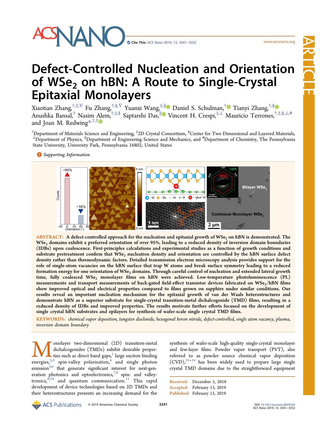 Defect-Controlled Nucleation and Orientation of WSe2 on hBN: A Route to Single-Crystal Epitaxial Monolayers by unknow