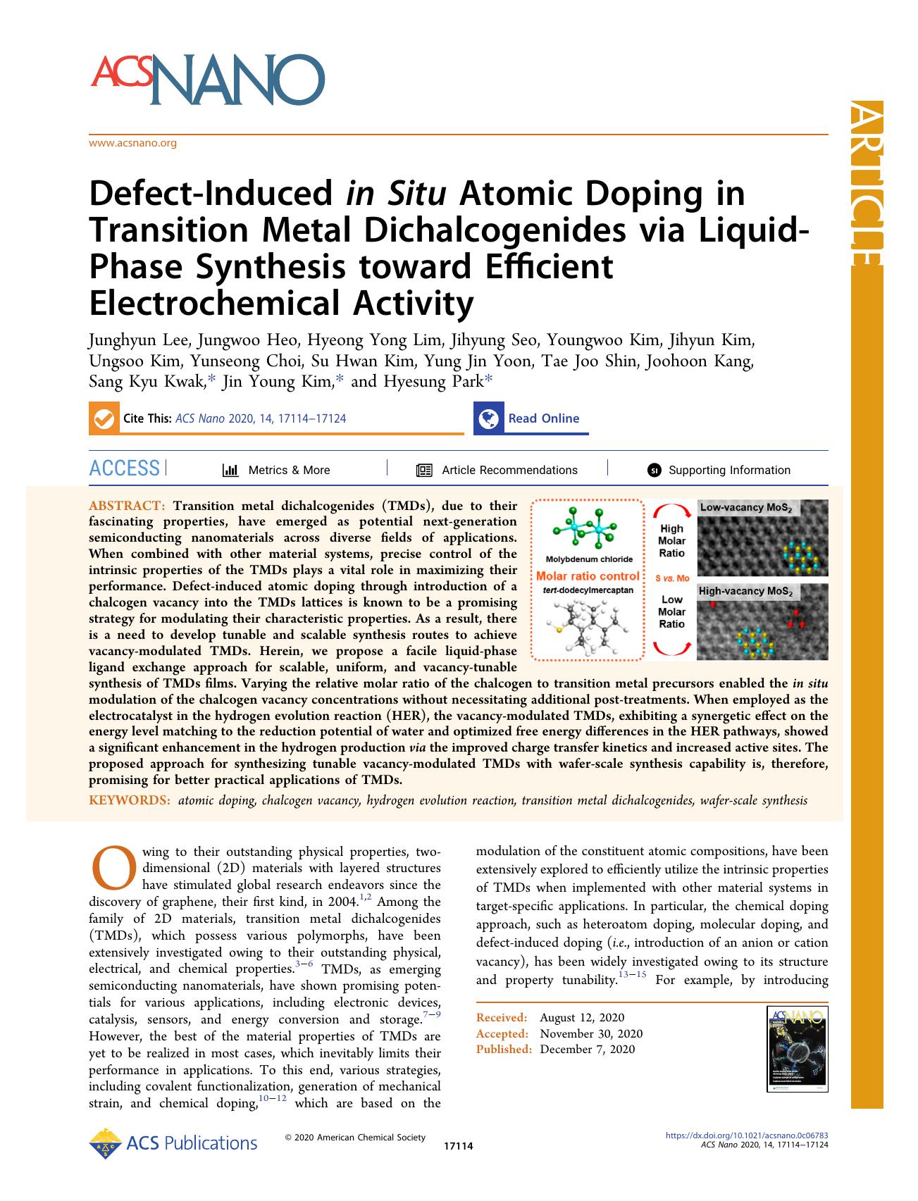 Defect-Induced in Situ Atomic Doping in Transition Metal Dichalcogenides via Liquid-Phase Synthesis toward Efficient Electrochemical Activity by unknow