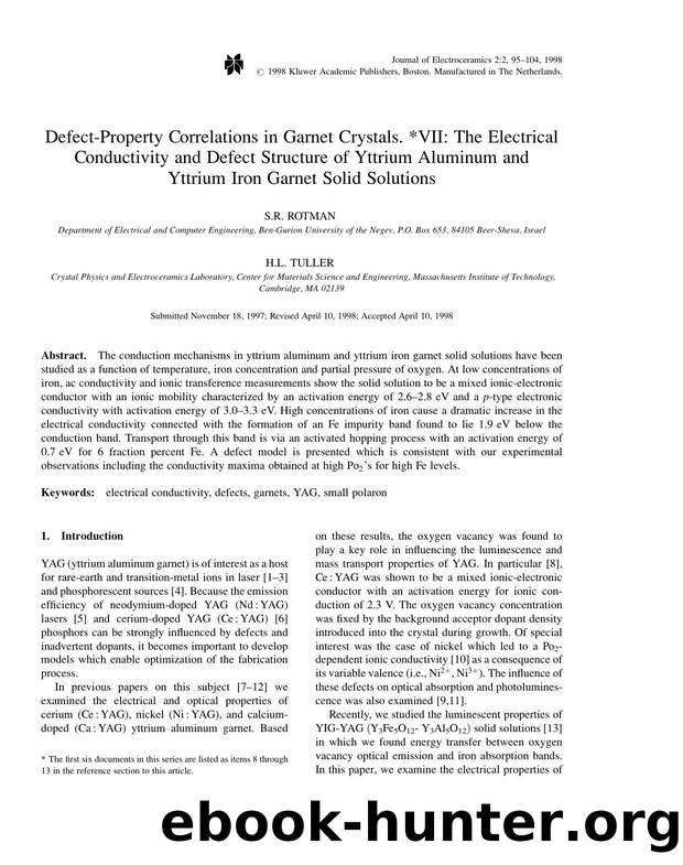 Defect-Property Correlations in Garnet Crystals. *VII: The Electrical Conductivity and Defect Structure of Yttrium Aluminum and Yttrium Iron Garnet Solid Solutions by Unknown