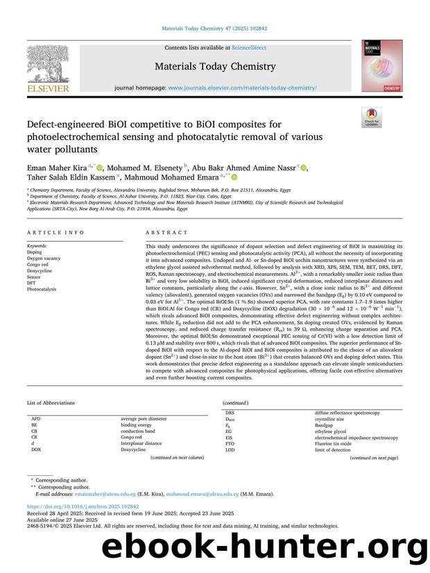 Defect-engineered BiOI competitive to BiOI composites for photoelectrochemical sensing and photocatalytic removal of various water pollutants by unknow