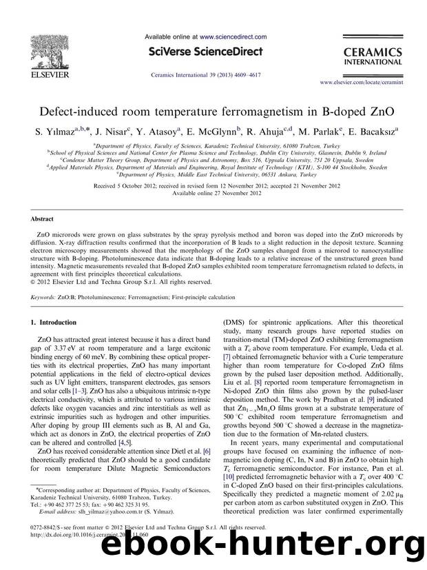 Defect-induced room temperature ferromagnetism in B-doped ZnO by S. Yılmaz & J. Nisar & Y. Atasoy & E. McGlynn & R. Ahuja & M. Parlak & E. Bacaksız
