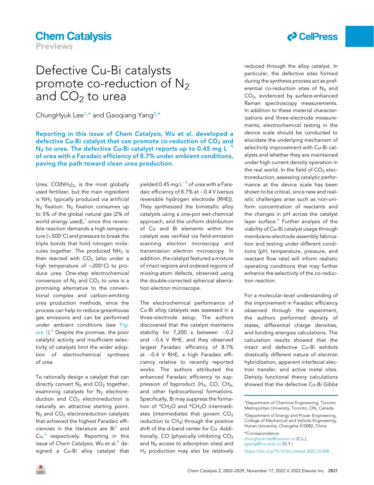 Defective Cu-Bi catalysts promote co-reduction of N2 and CO2 to urea by ChungHyuk Lee & Gaoqiang Yang