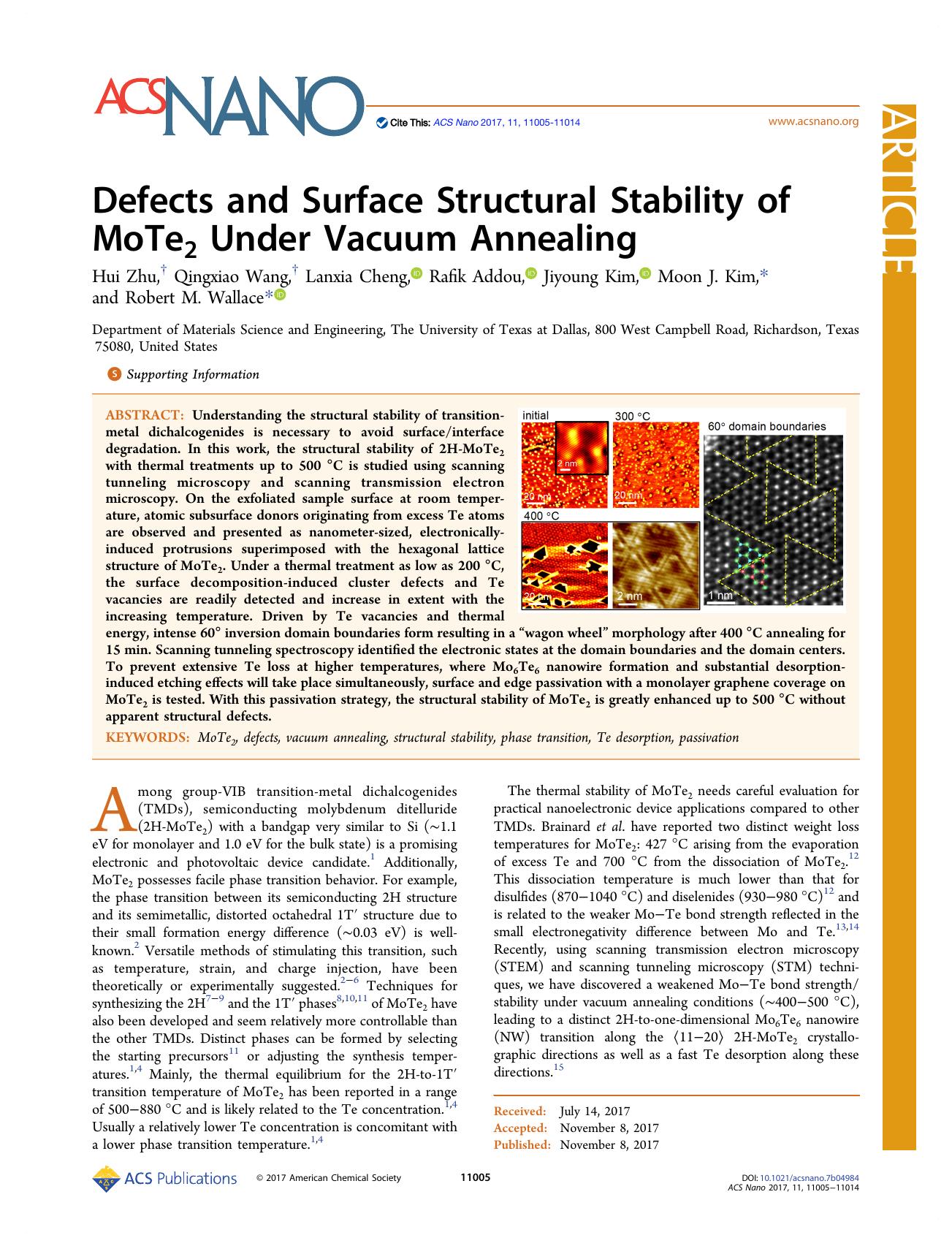 Defects and Surface Structural Stability of MoTe2 Under Vacuum Annealing by Hui Zhu Qingxiao Wang Lanxia Cheng Rafik Addou Jiyoung Kim Moon J. Kim and Robert M. Wallace