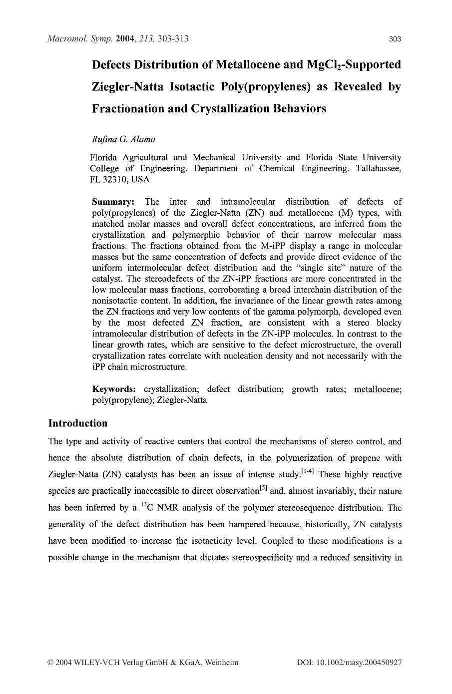Defects distribution of metallocene and MgCl2-supported Ziegler-Natta isotactic poly(propylenes) as revealed by fractionation and crystallization behaviors by Unknown