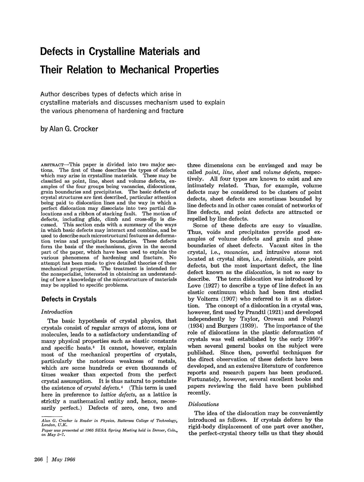 Defects in crystalline materials and their relation to mechanical properties by Unknown