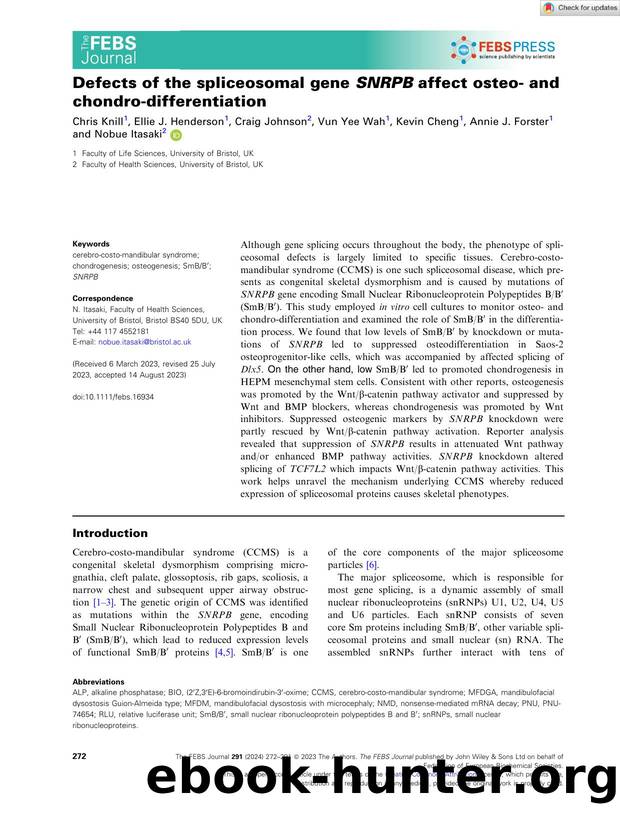 Defects of the spliceosomal gene SNRPB affect osteoâ and chondroâdifferentiation by Unknown