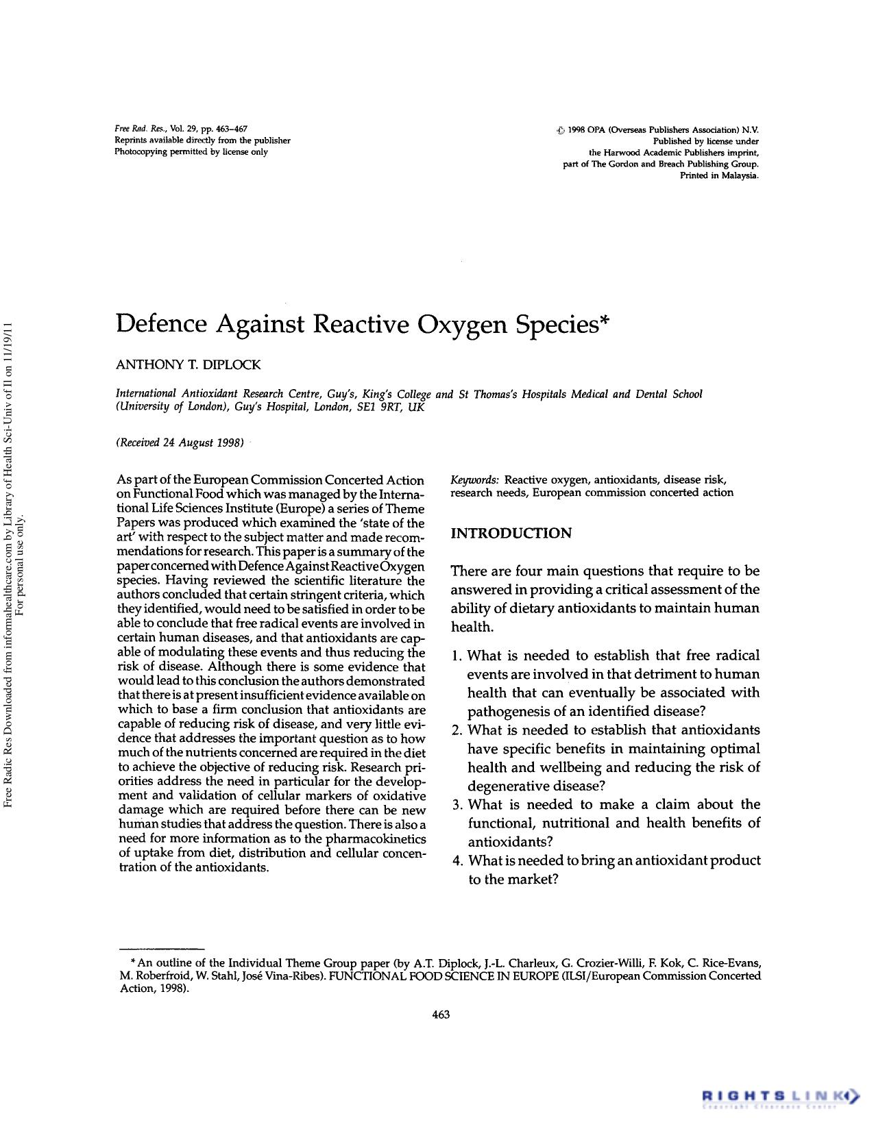 Defence against reactive oxygen species by Anthony T. Diplock