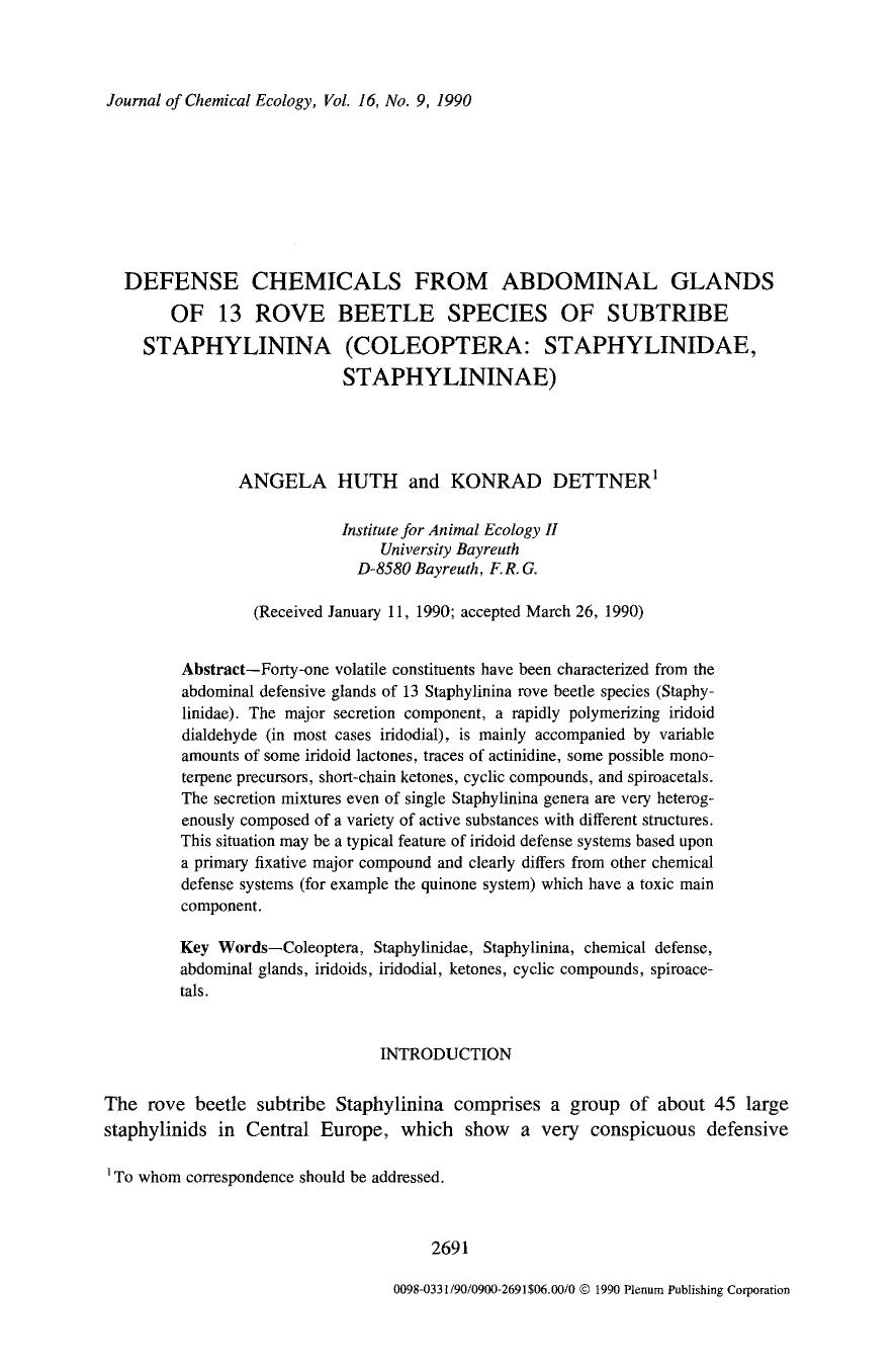 Defense chemicals from abdominal glands of 13 rove beetle species of subtribe staphylinina (Coleoptera: Staphylinidae, Staphylininae) by Unknown