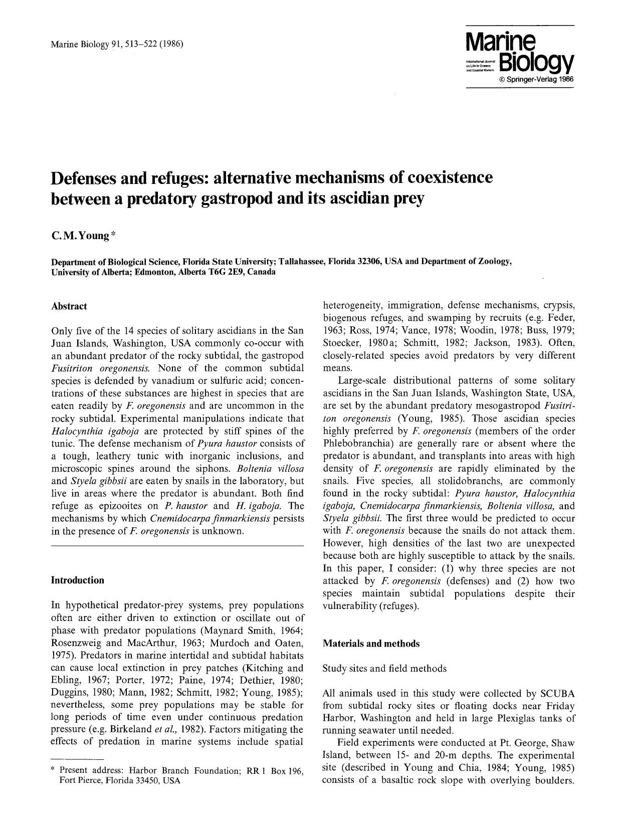 Defenses and refuges: alternative mechanisms of coexistence between a predatory gastropod and its ascidian prey by Unknown