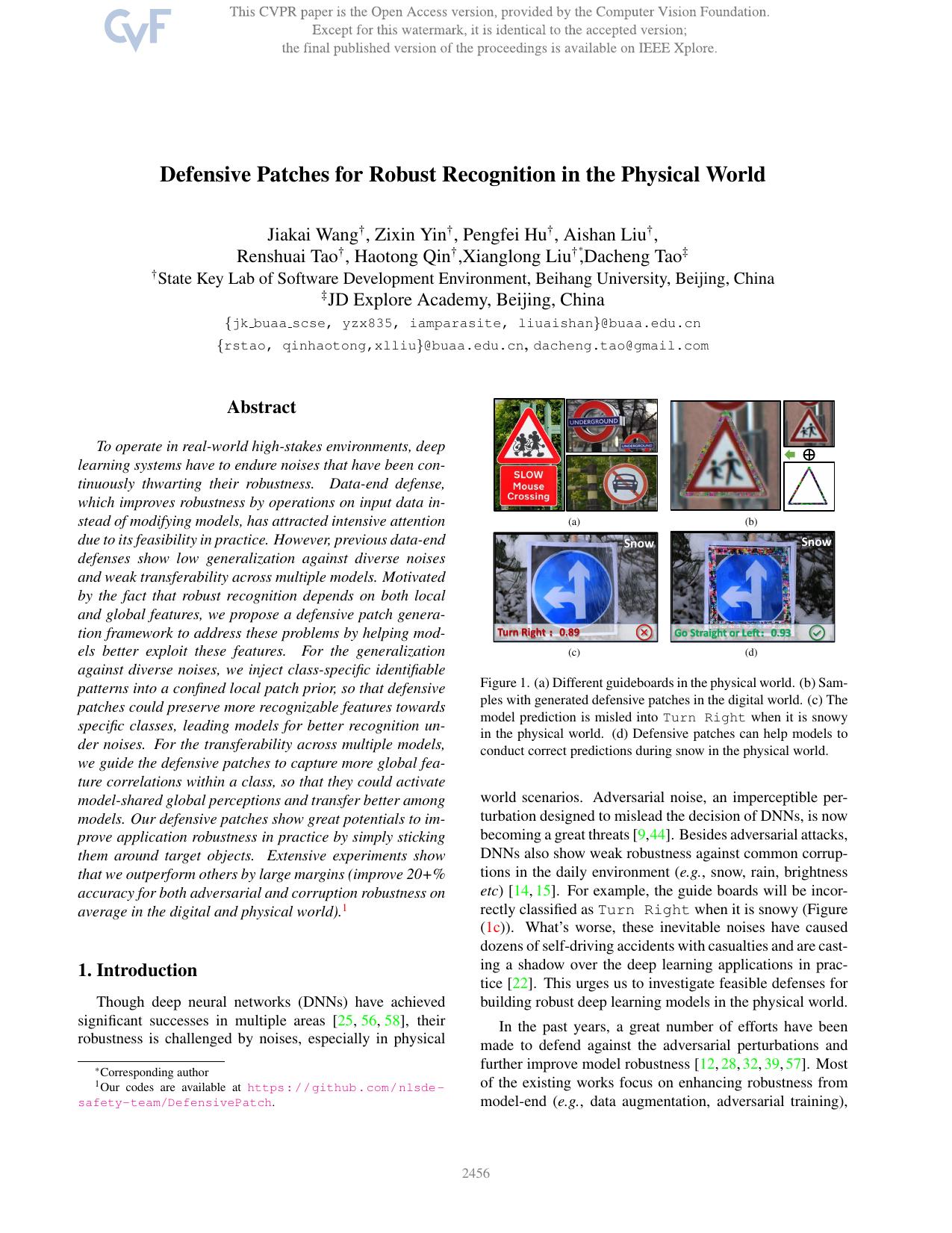 Defensive Patches for Robust Recognition in the Physical World by unknow