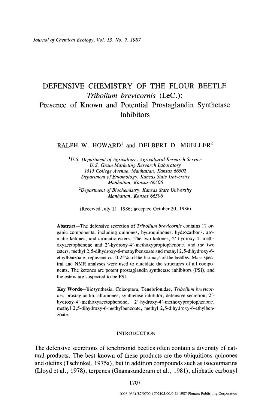 Defensive chemistry of the flour beetle <Emphasis Type="Italic">Tribolium brevicornis <Emphasis> (LeC): by Unknown