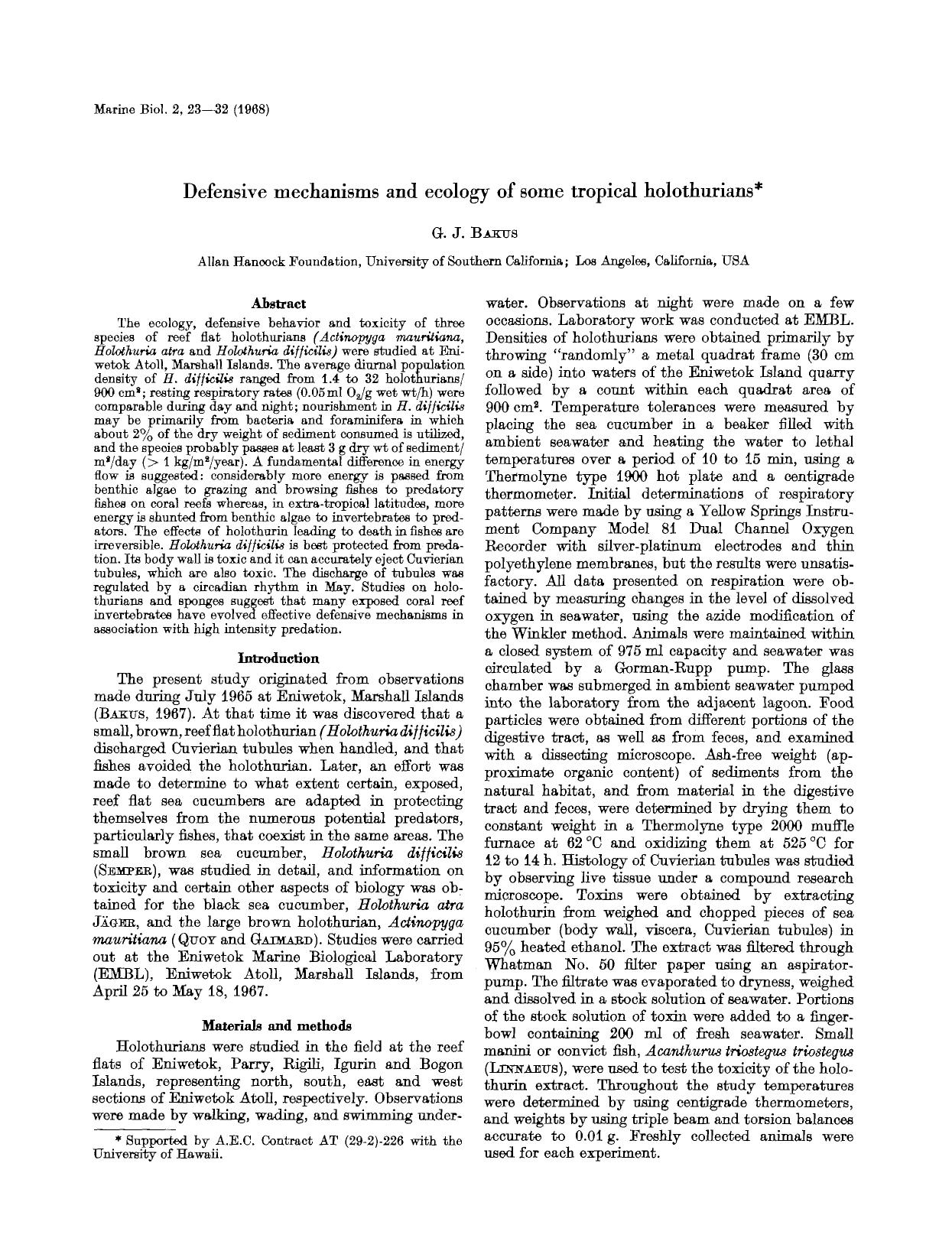 Defensive mechanisms and ecology of some tropical holothurians by Unknown