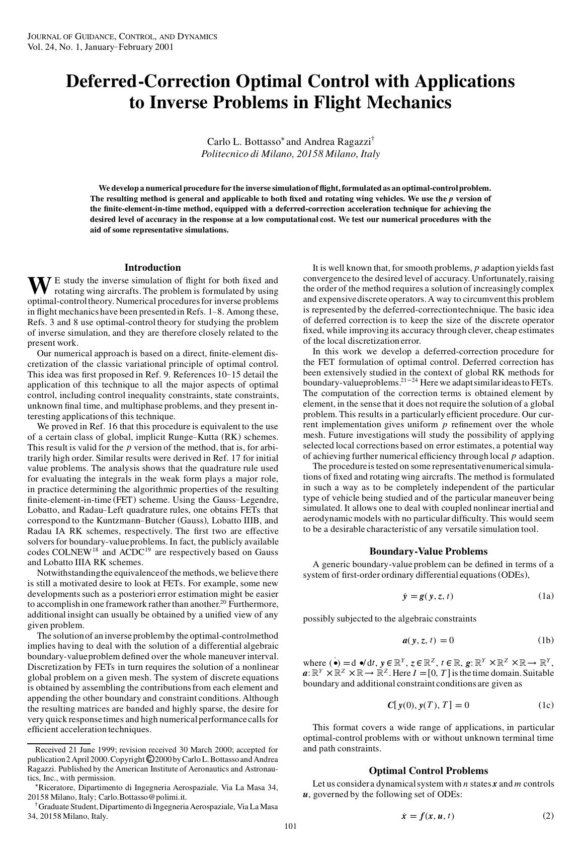 Deferred-Correction Optimal Control with Applications to Inverse Problems in Flight Mechanics by Unknown