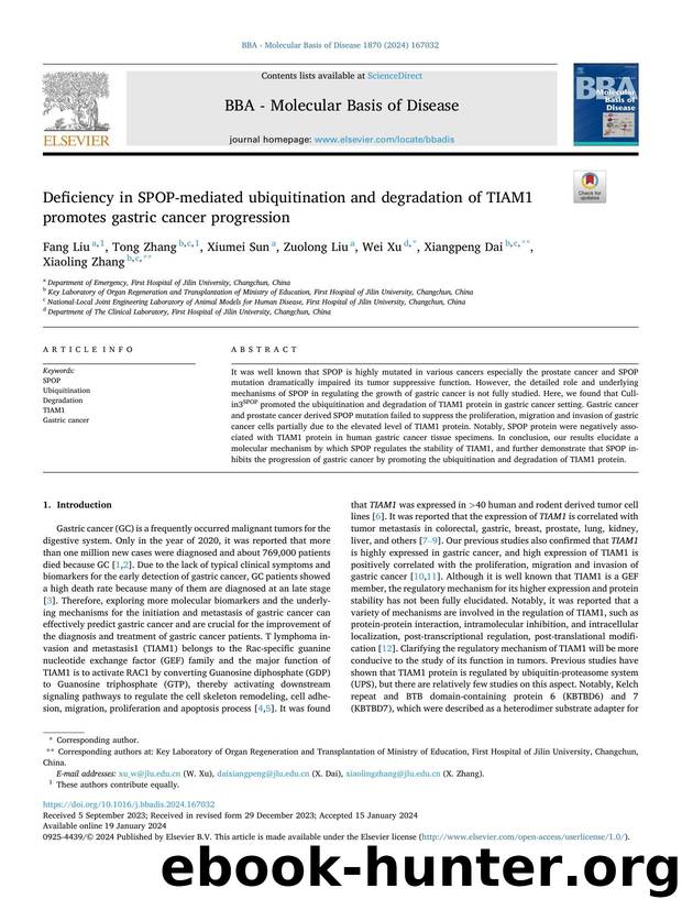 Deficiency in SPOP-mediated ubiquitination and degradation of TIAM1 promotes gastric cancer progression by Fang Liu & Tong Zhang & Xiumei Sun & Zuolong Liu & Wei Xu & Xiangpeng Dai & Xiaoling Zhang