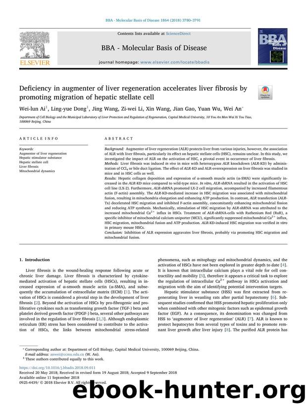 Deficiency in augmenter of liver regeneration accelerates liver fibrosis by promoting migration of hepatic stellate cell by Wei-lun Ai & Ling-yue Dong & Jing Wang & Zi-wei Li & Xin Wang & Jian Gao & Yuan Wu & Wei An
