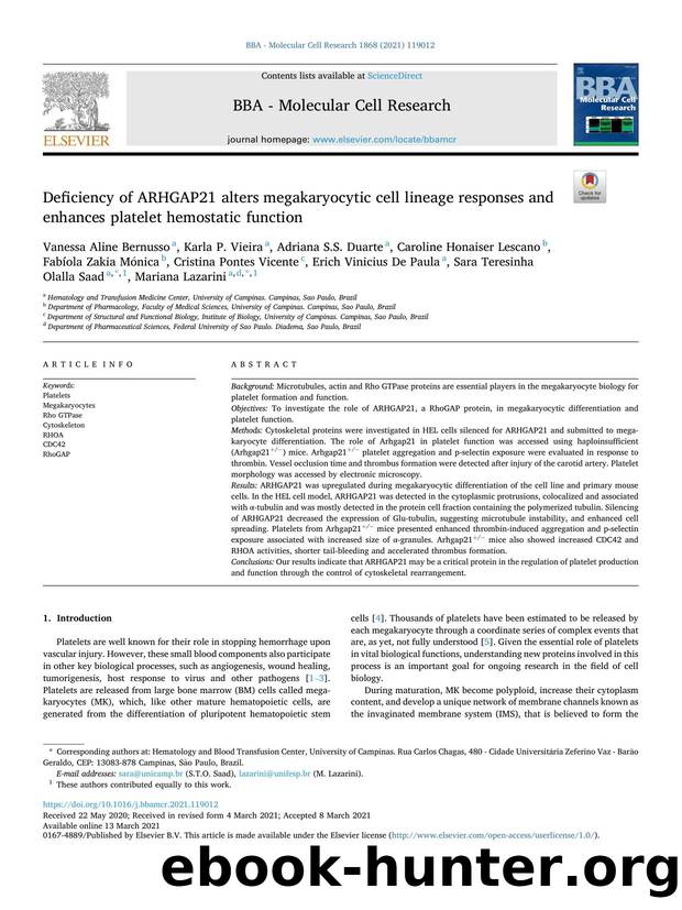 Deficiency of ARHGAP21 alters megakaryocytic cell lineage responses and enhances platelet hemostatic function by unknow