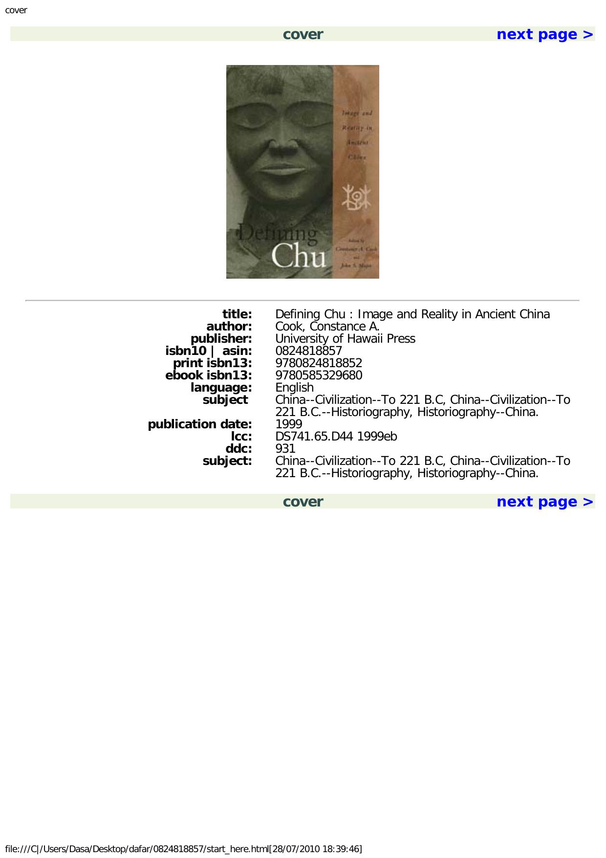 Defining Chu: Image and Reality in Ancient China by John S. Major Constance A. Cook