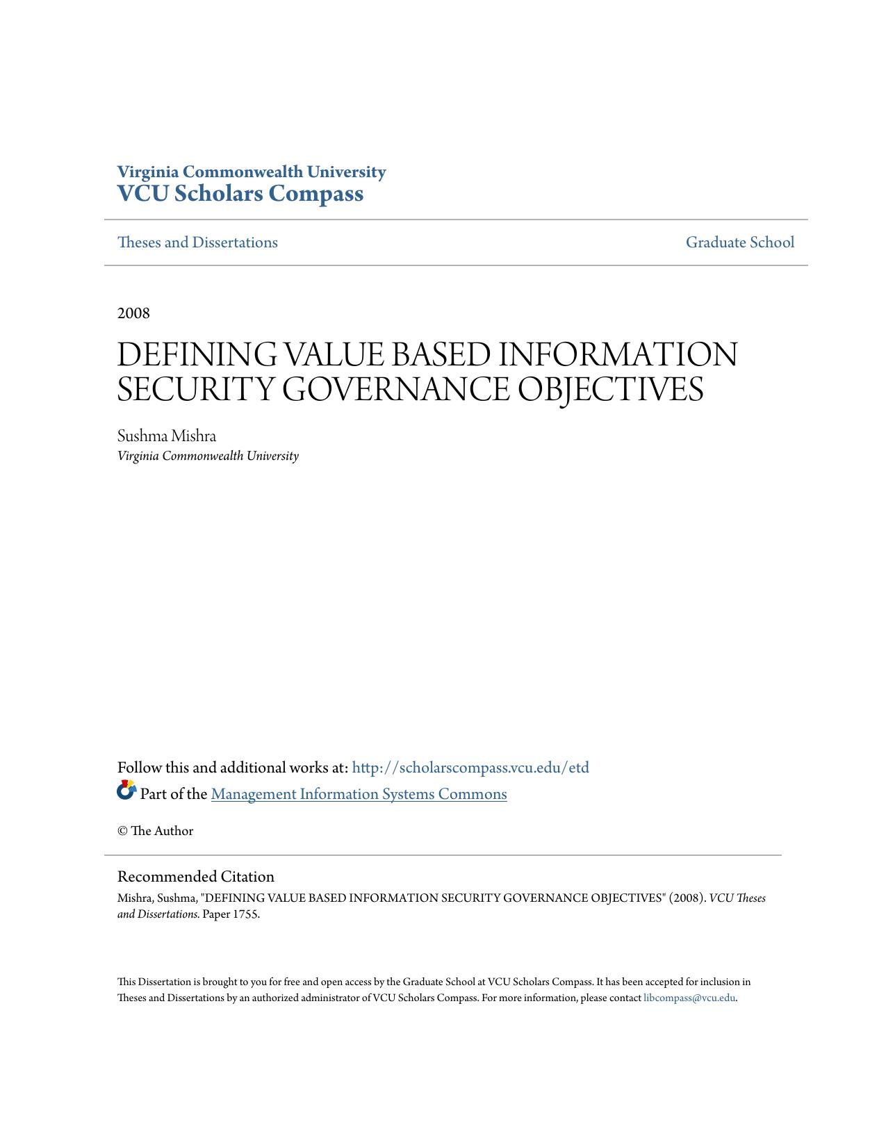 Defining Value Based Information Security Governance by Sushma Mishra