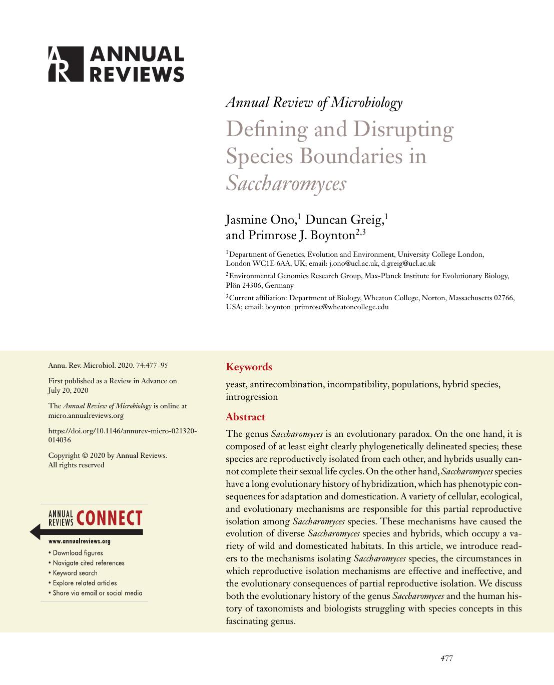 Defining and Disrupting Species Boundaries in Saccharomyces by Jasmine Ono Duncan Greig Primrose J. Boynton