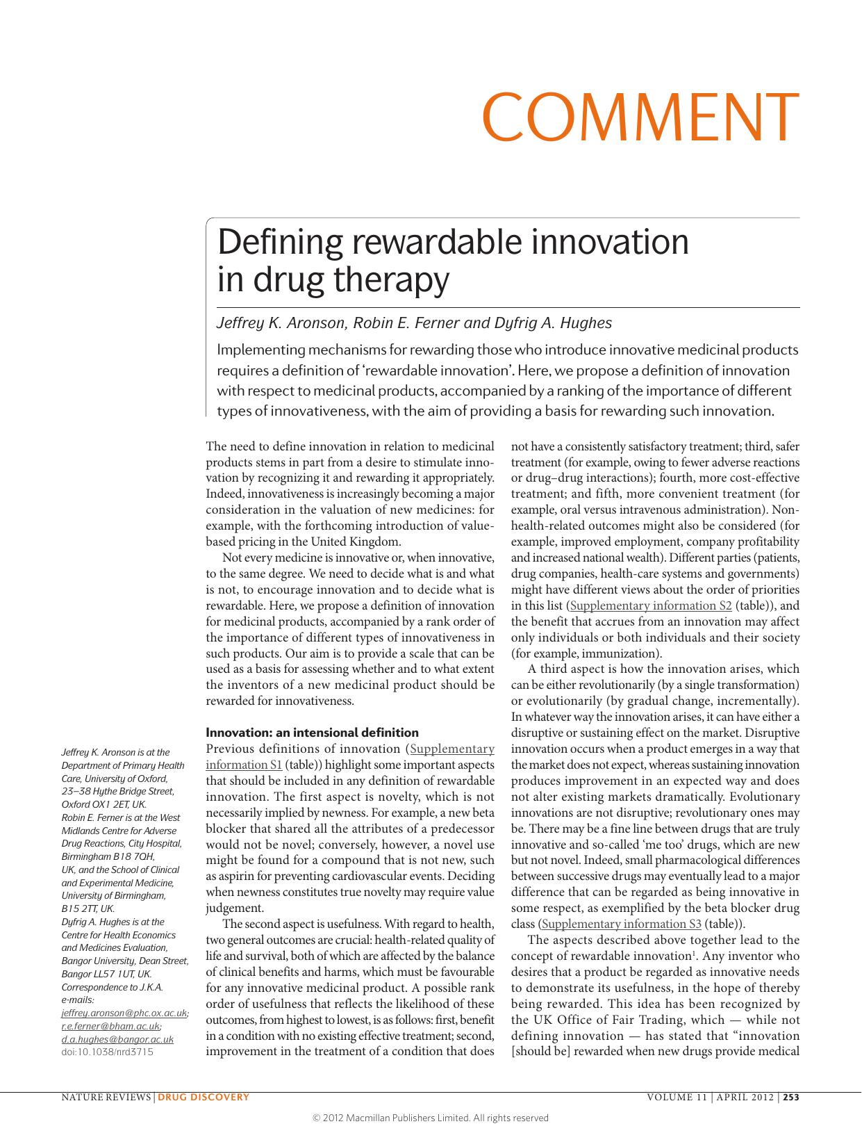 Defining rewardable innovation in drug therapy by Jeffrey K. Aronson & Robin E. Ferner & Dyfrig A. Hughes
