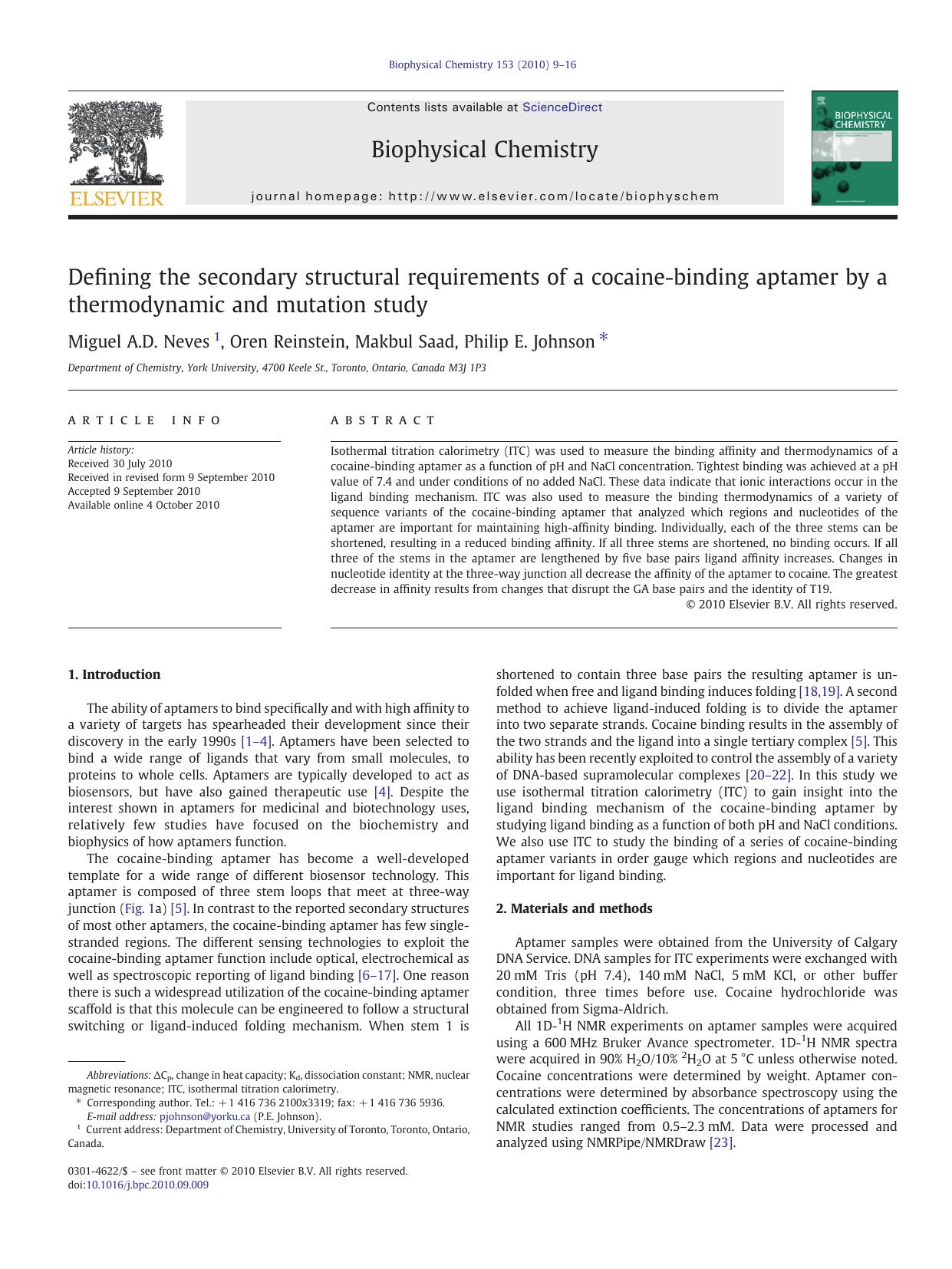 Defining the secondary structural requirements of a cocaine-binding aptamer by a thermodynamic and mutation study by Miguel A.D. Neves & Oren Reinstein & Makbul Saad & Philip E. Johnson