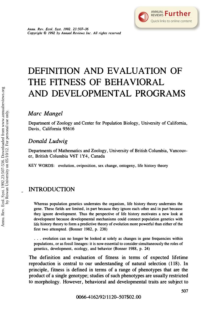 Definition and Evaluation of the Fitness of Behavioral and Developmental Programs by M Mangel & and D Ludwig