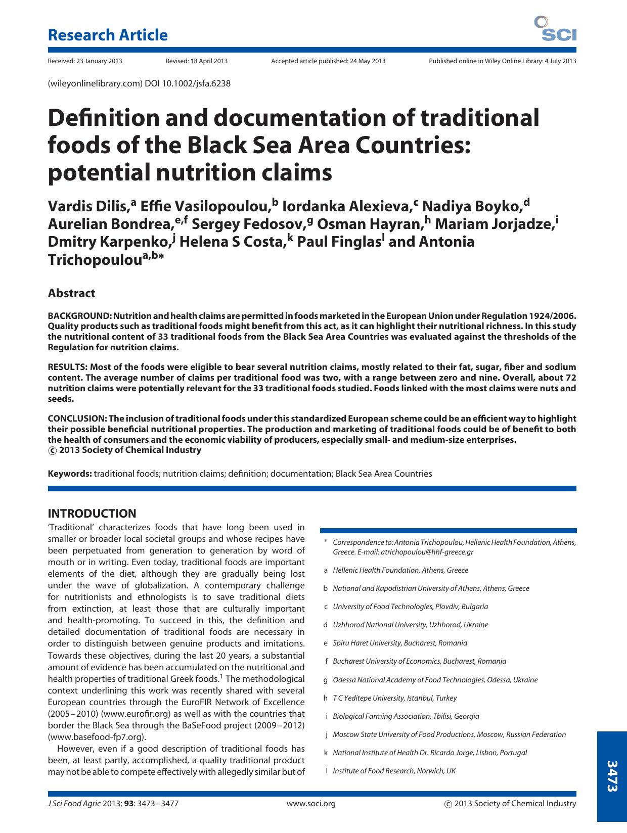 Definition and documentation of traditional foods of the Black Sea Area Countries: potential nutrition claims by Unknown