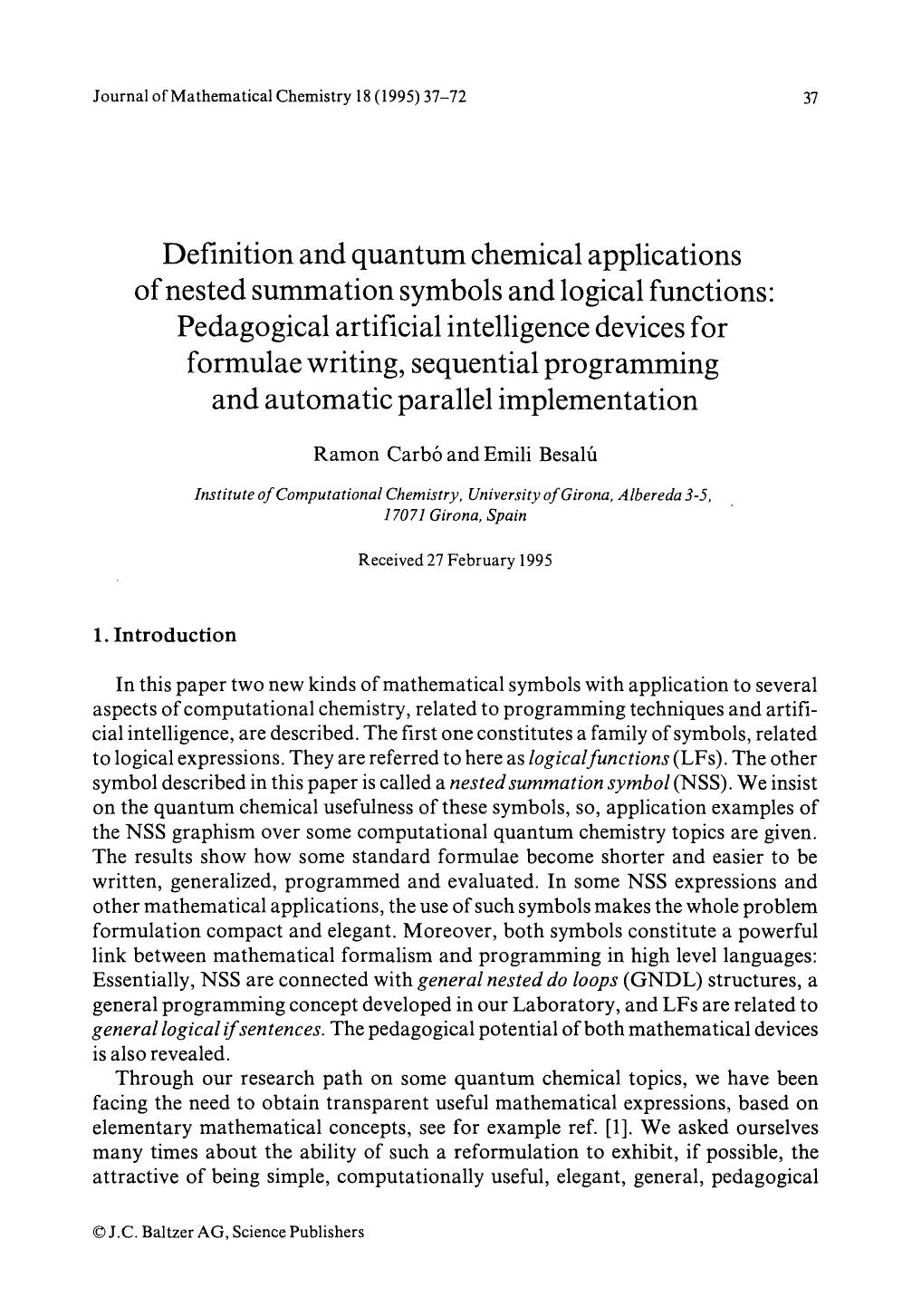 Definition and quantum chemical applications of nested summation symbols and logical functions: Pedagogical artificial intelligence devices for formulae writing, sequential program by Unknown