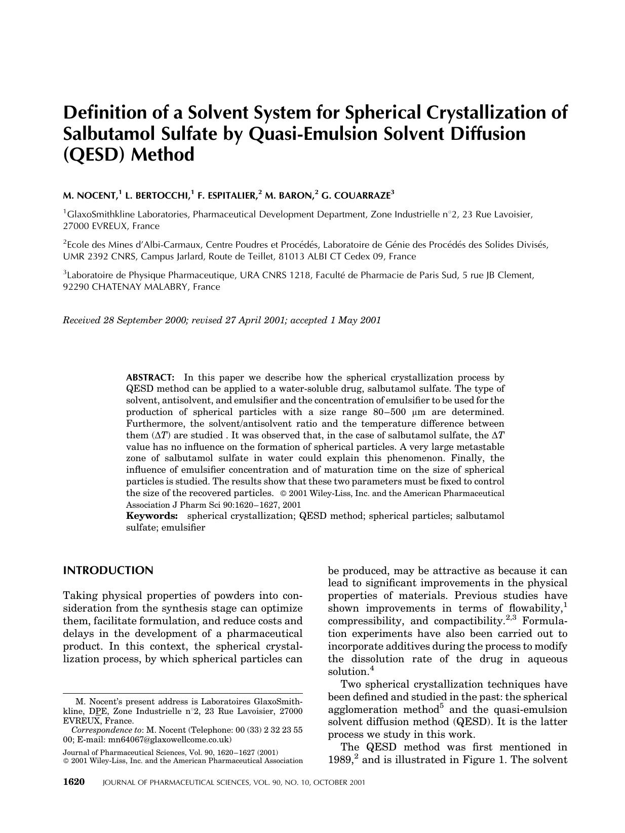 Definition of a solvent system for spherical crystallization of salbutamol sulfate by quasi-emulsion solvent diffusion (QESD) method by Unknown