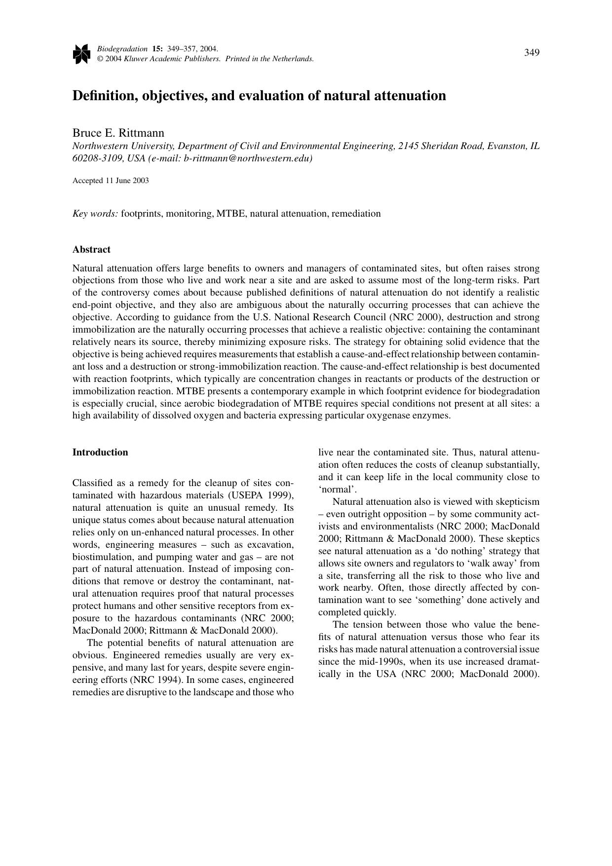 Definition, Objectives, and Evaluation of Natural Attenuation by Unknown