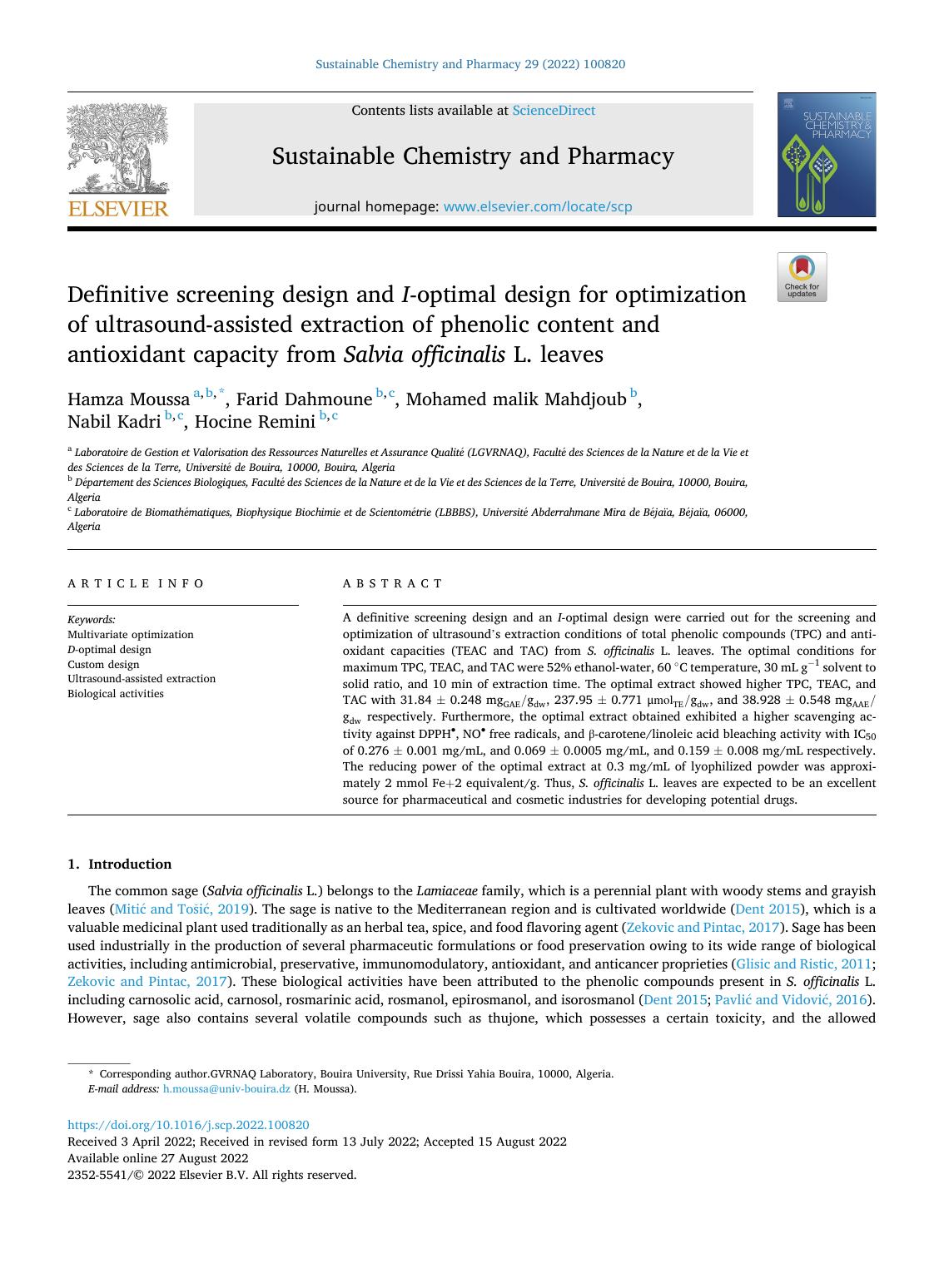 Definitive screening design and I -optimal design for optimization of ultrasound-assisted extraction of phenolic content and antioxidant capacity from Salvia officinalis L. leaves by Hamza Moussa & Farid Dahmoune & Mohamed malik Mahdjoub & Nabil Kadri & Hocine Remini