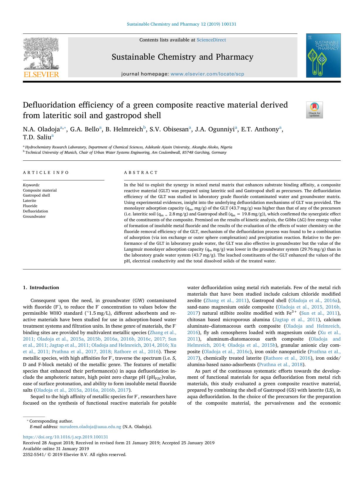 Defluoridation efficiency of a green composite reactive material derived from lateritic soil and gastropod shell by N.A. Oladoja & G.A. Bello & B. Helmreich & S.V. Obisesan & J.A. Ogunniyi & E.T. Anthony & T.D. Saliu