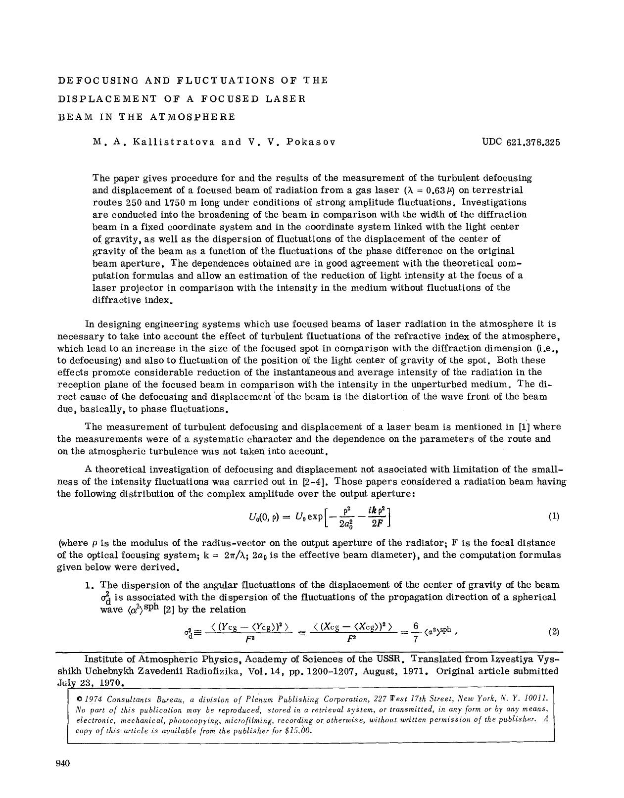 Defocusing and fluctuations of the displacement of a focused laser beam in the atmosphere by Unknown