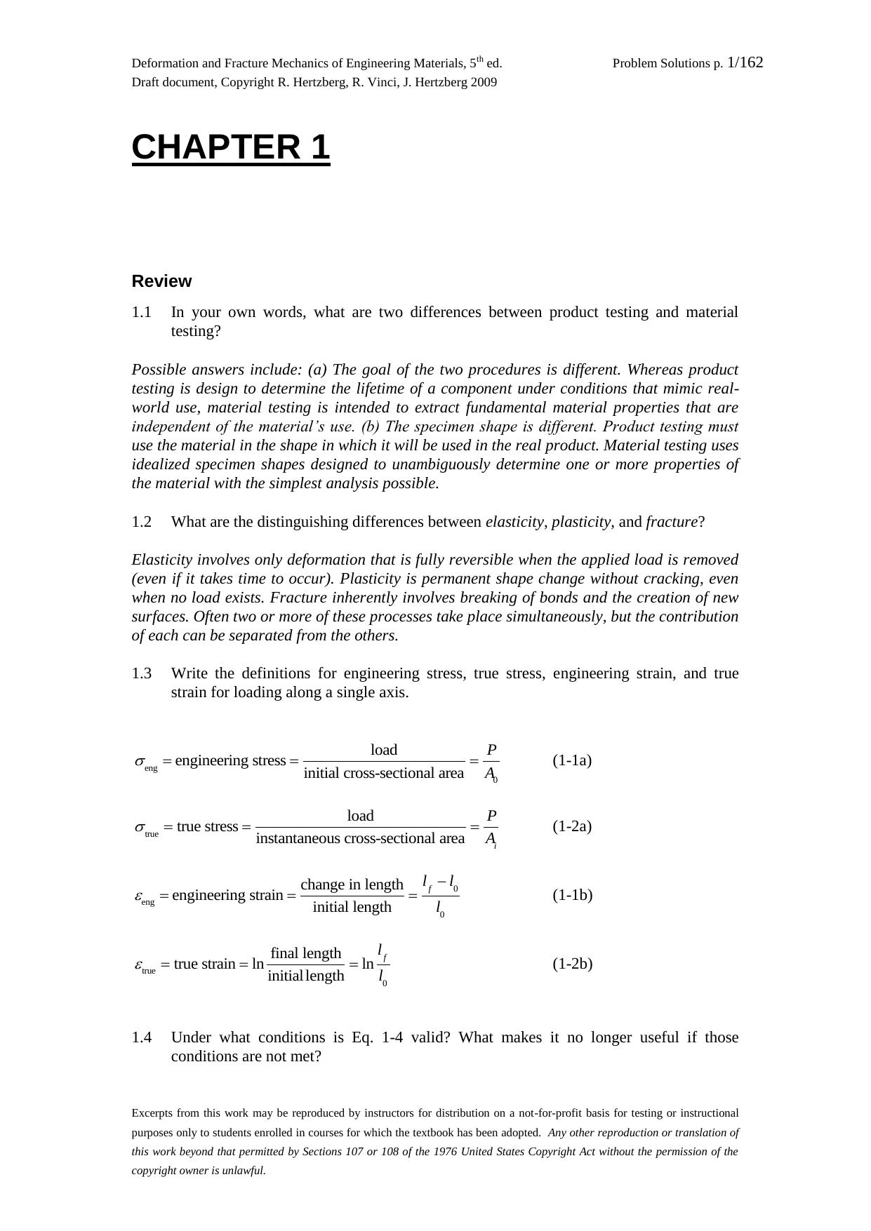 Deformation and Fracture Mechanics of Engineering Materials Solution Manual by Richard W. Hertzberg