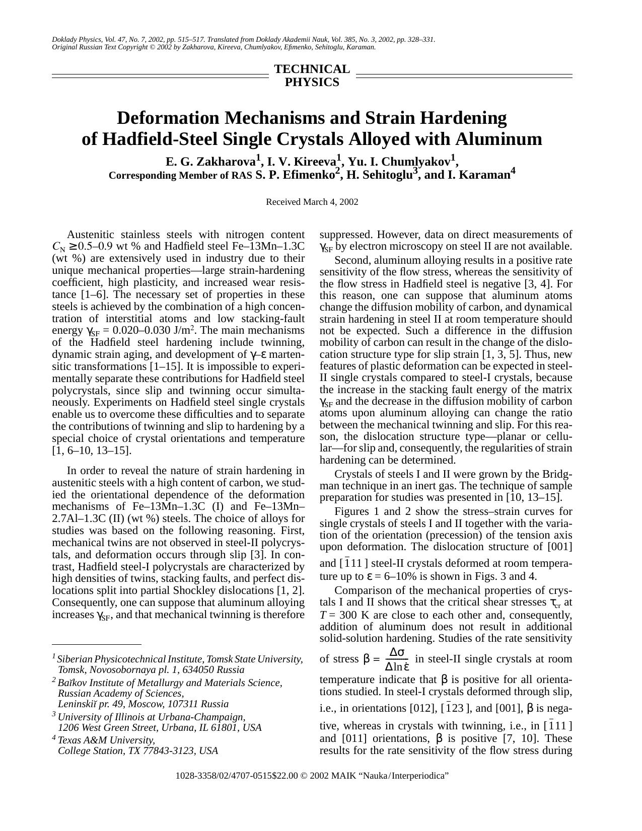 Deformation mechanisms and strain hardening of Hadfield-steel single crystals alloyed with aluminum by Unknown