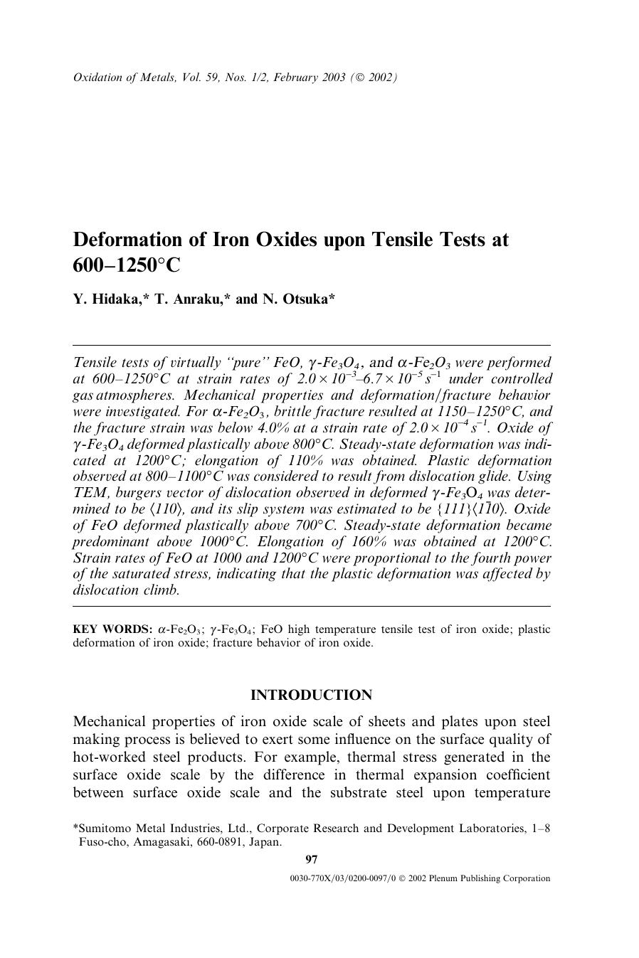 Deformation of Iron Oxides upon Tensile Tests at 600&#x2013;1250&#x00B0;C by Unknown