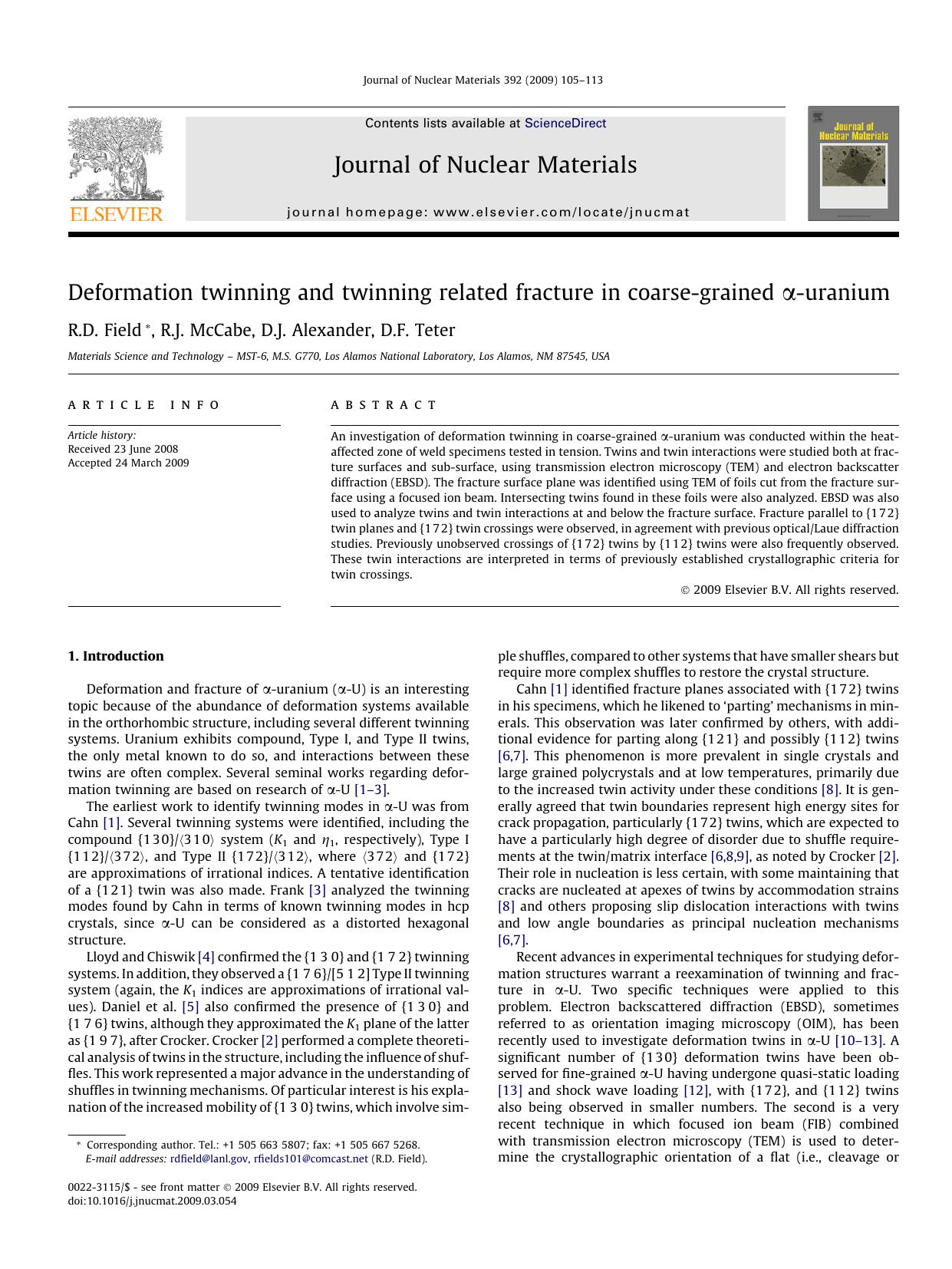 Deformation twinning and twinning related fracture in coarse-grained Î±-uranium by R.D. Field; R.J. McCabe; D.J. Alexander; D.F. Teter