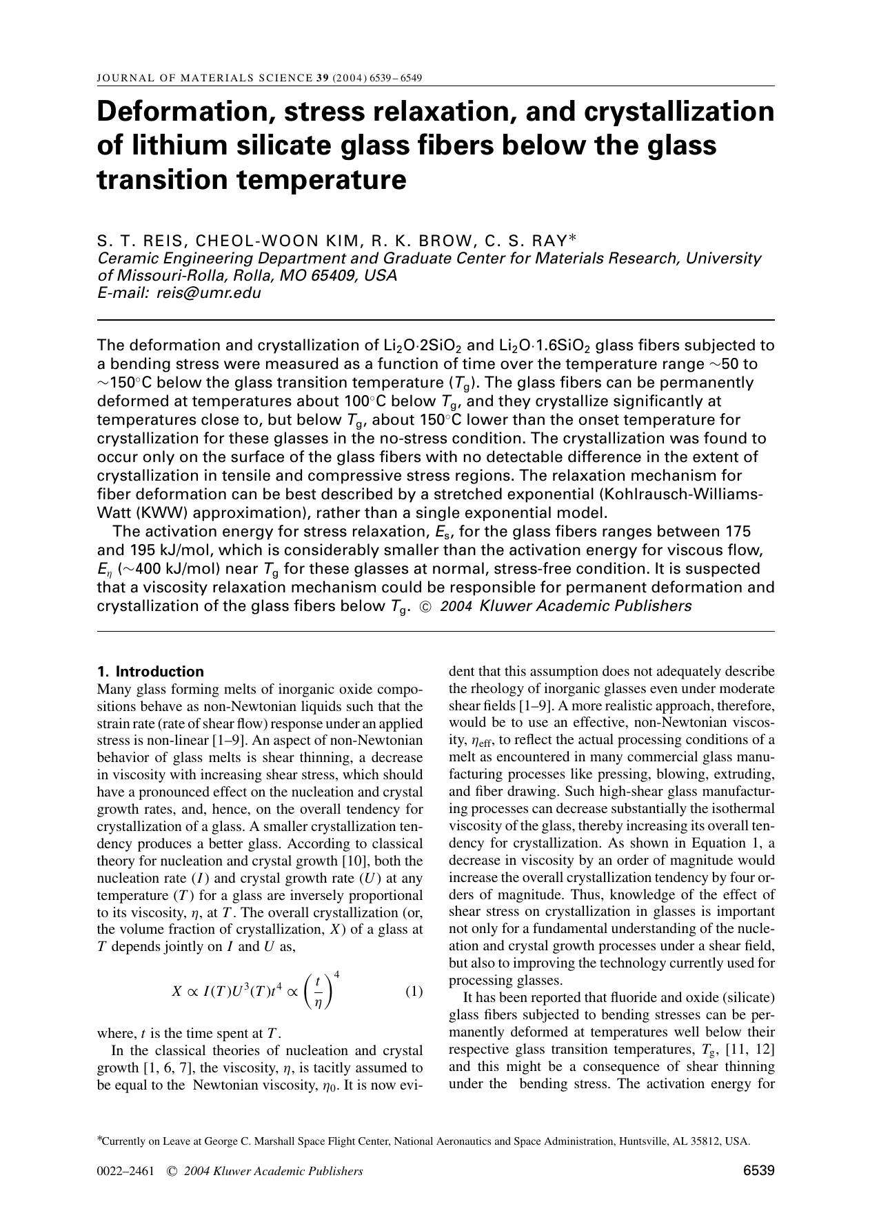 Deformation, stress relaxation, and crystallization of lithium silicate glass fibers below the glass transition temperature by Unknown