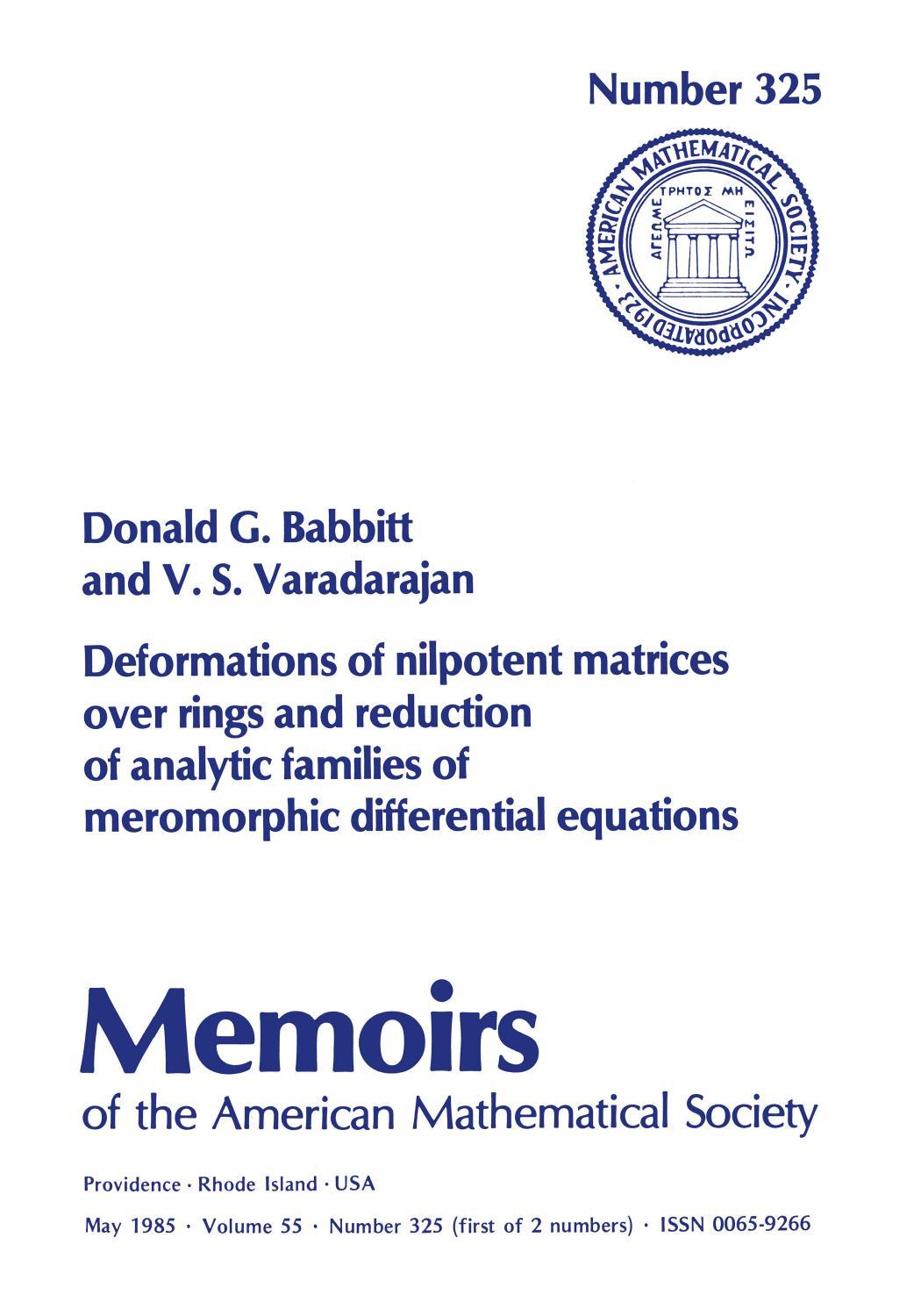 Deformations of Nilpotent Matrices over Rings and Reduction of Analytic Families of Meromorphic Differential Equations by Donald G. Babbitt