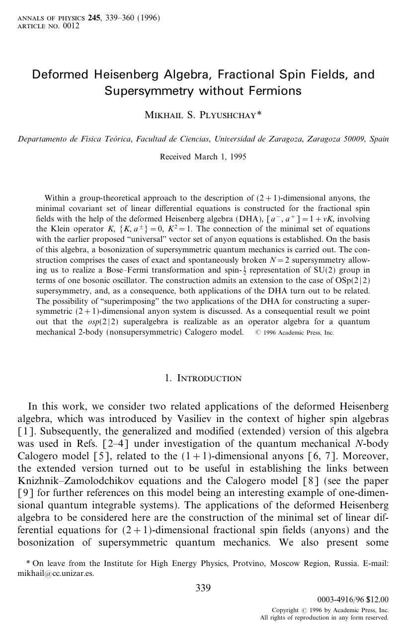 Deformed Heisenberg Algebra, Fractional Spin Fields, and Supersymmetry without Fermions by Plyushchay M. S. et al