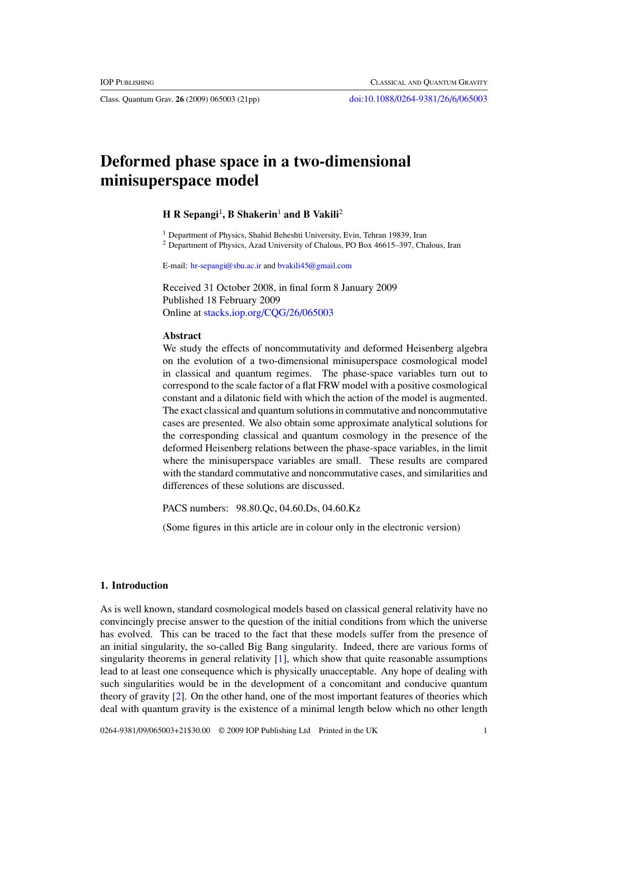 Deformed phase space in a two-dimensional minisuperspace model by H R Sepangi et al