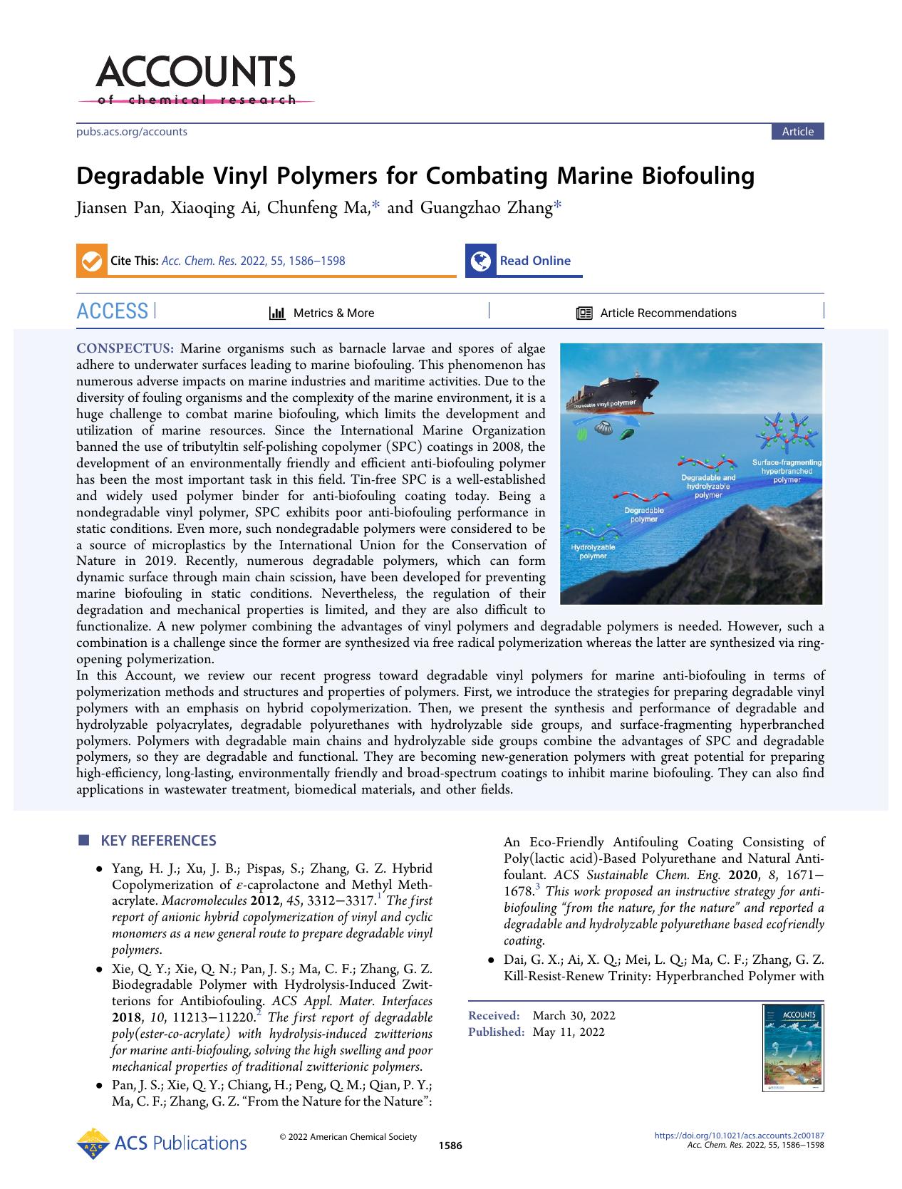 Degradable Vinyl Polymers for Combating Marine Biofouling by Jiansen Pan Xiaoqing Ai Chunfeng Ma and Guangzhao Zhang