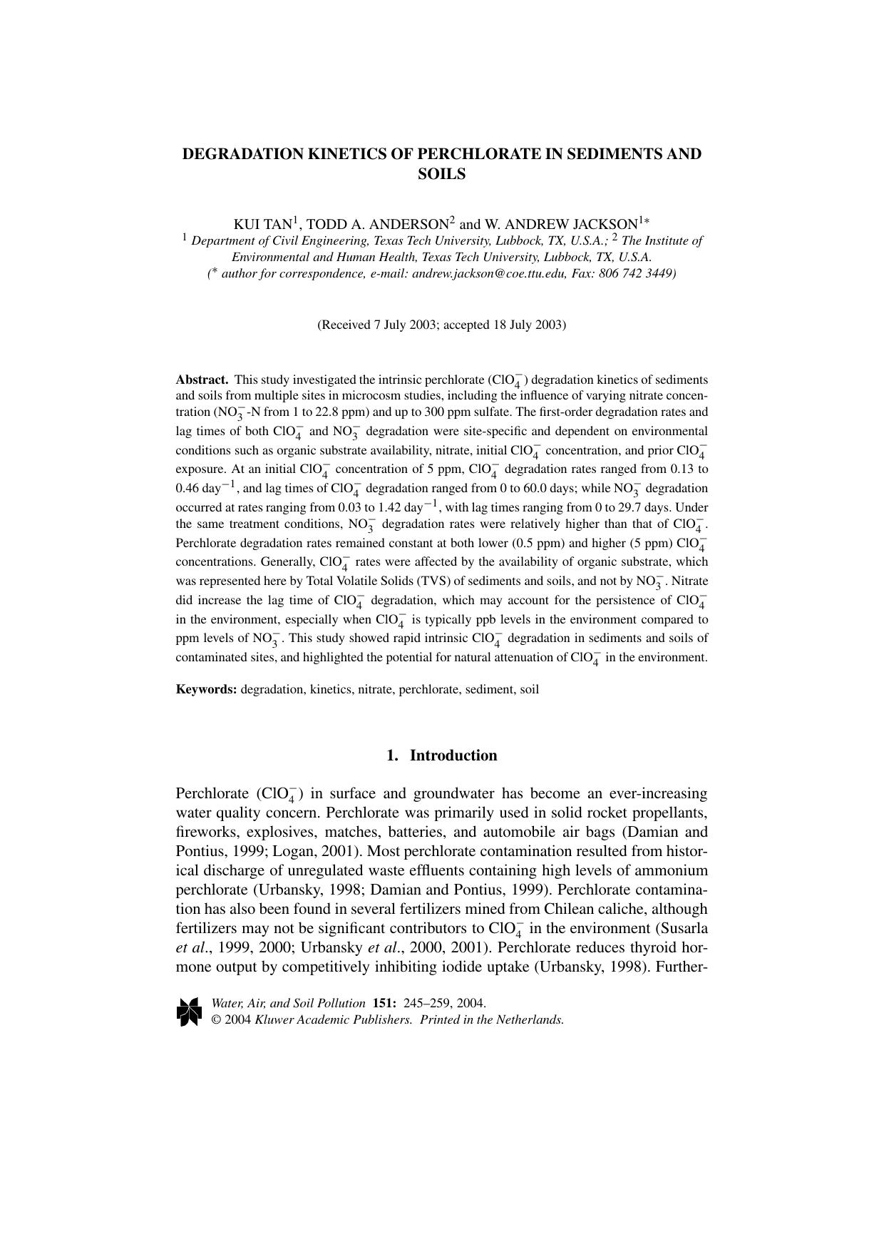 Degradation Kinetics of Perchlorate in Sediments and Soils by Unknown