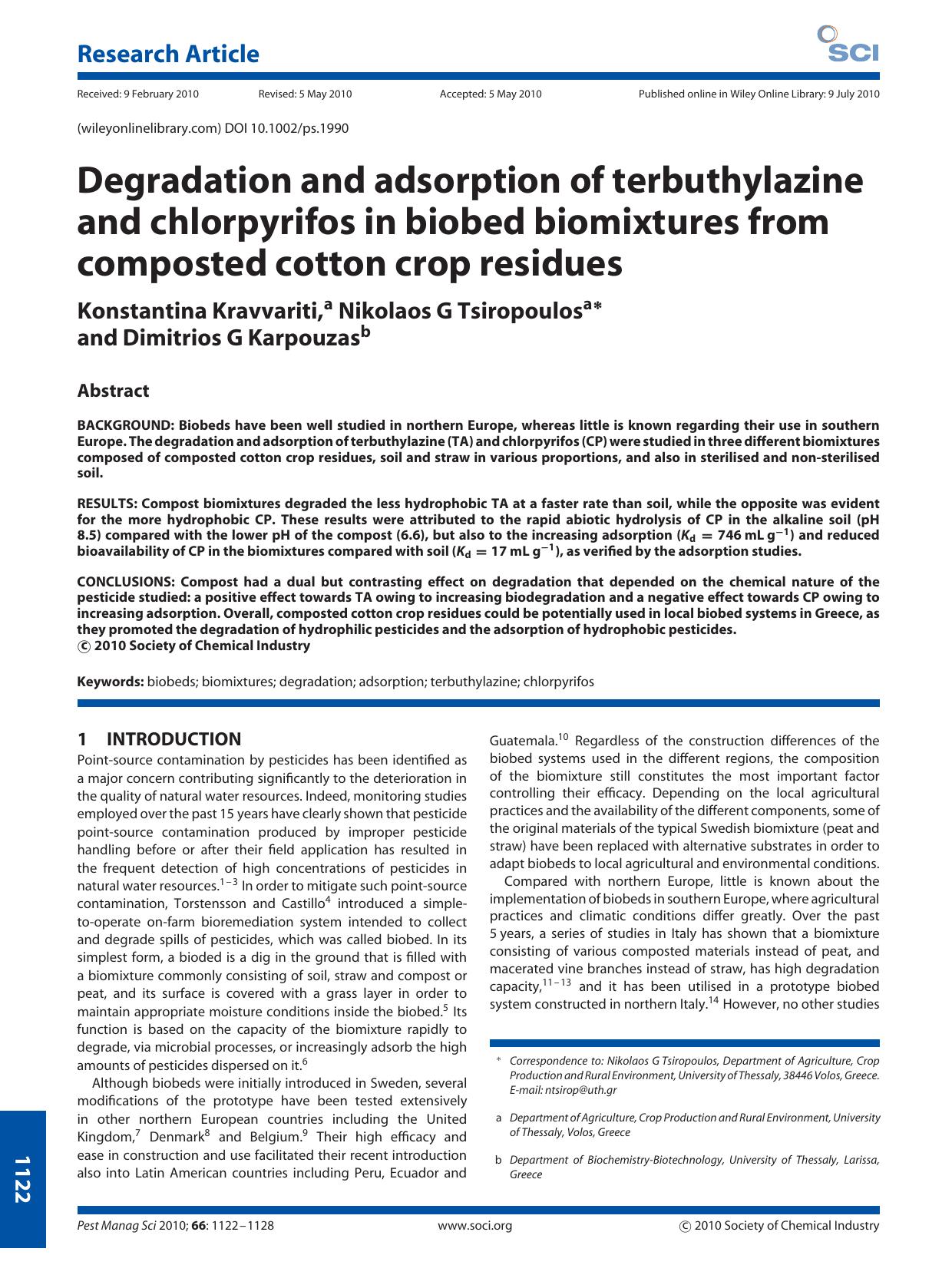 Degradation and adsorption of terbuthylazine and chlorpyrifos in biobed biomixtures from composted cotton crop residues by Unknown