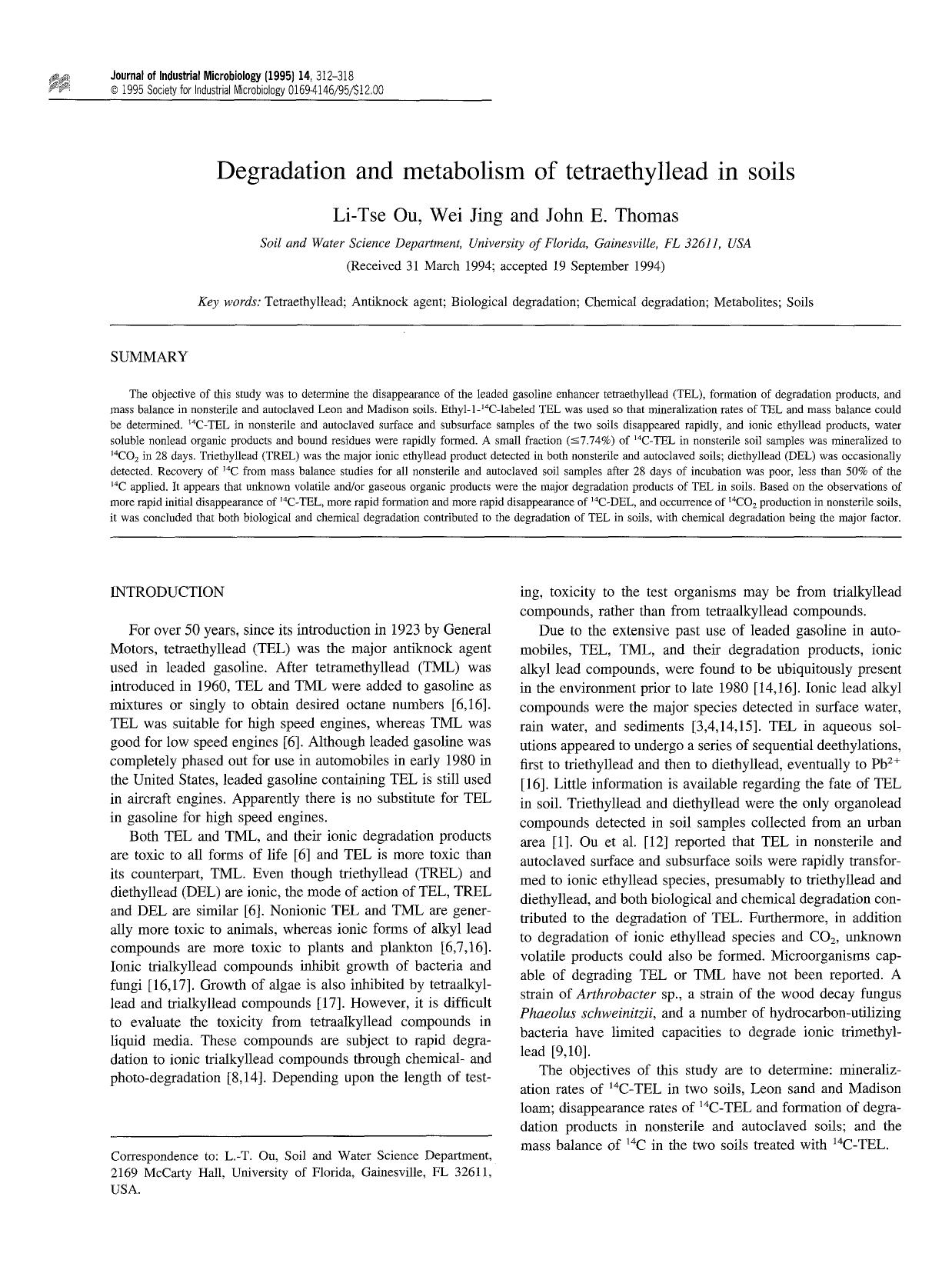 Degradation and metabolism of tetraethyllead in soils by Unknown
