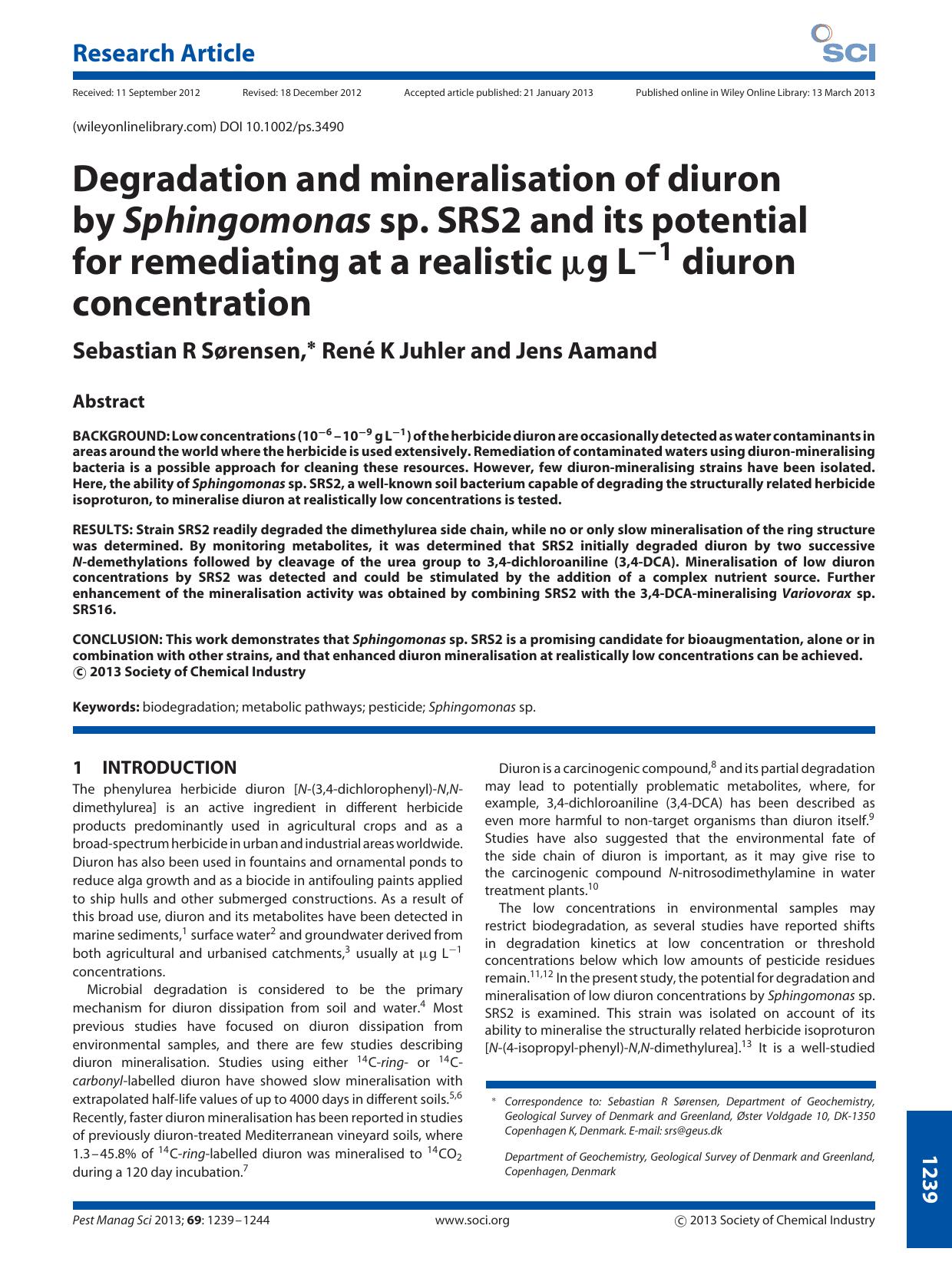 Degradation and mineralisation of diuron by Sphingomonas sp. SRS2 and its potential for remediating at a realistic g L1 diuron concentration by Unknown