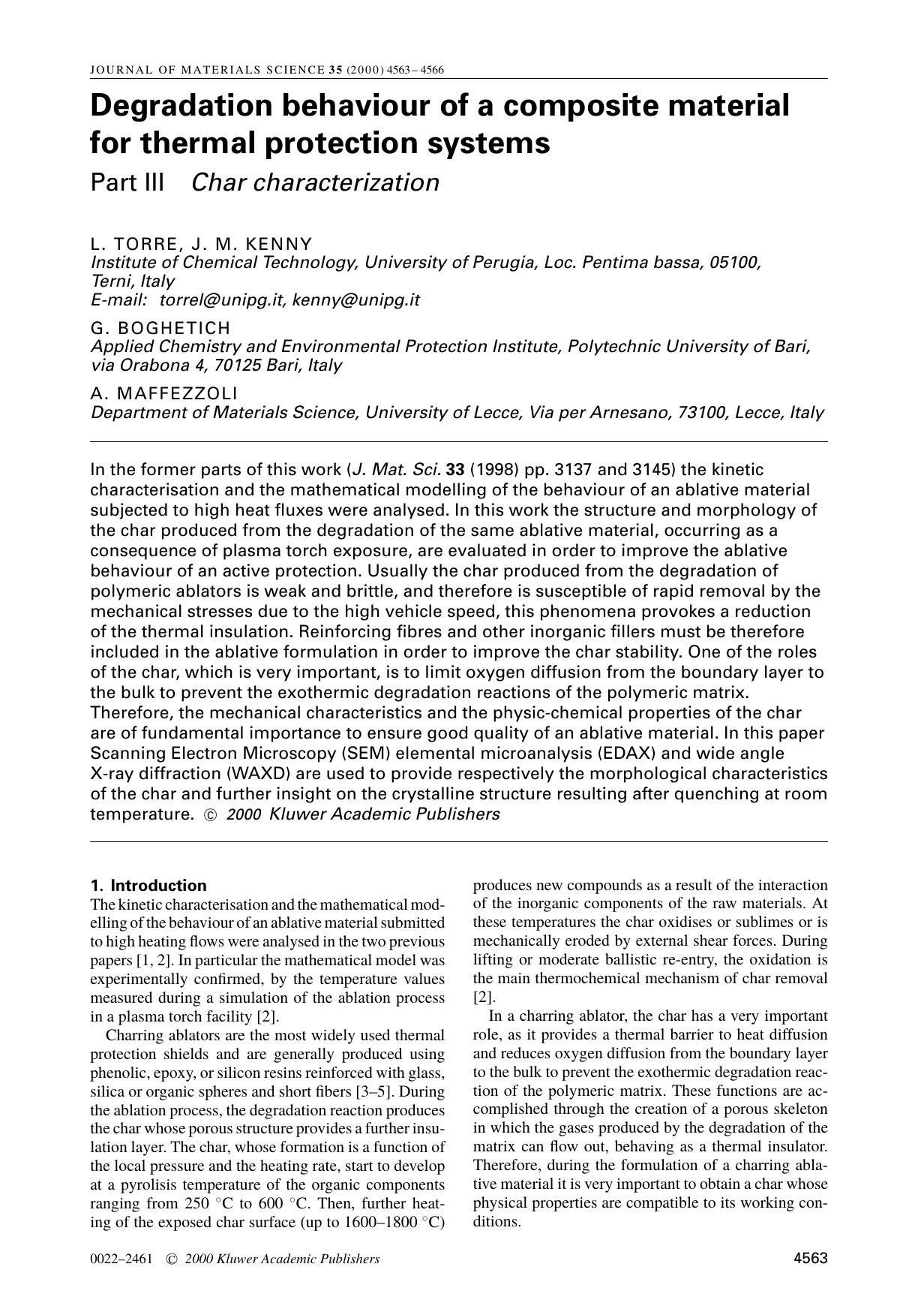 Degradation behaviour of a composite material for thermal protection systems Part III Char characterization by Unknown