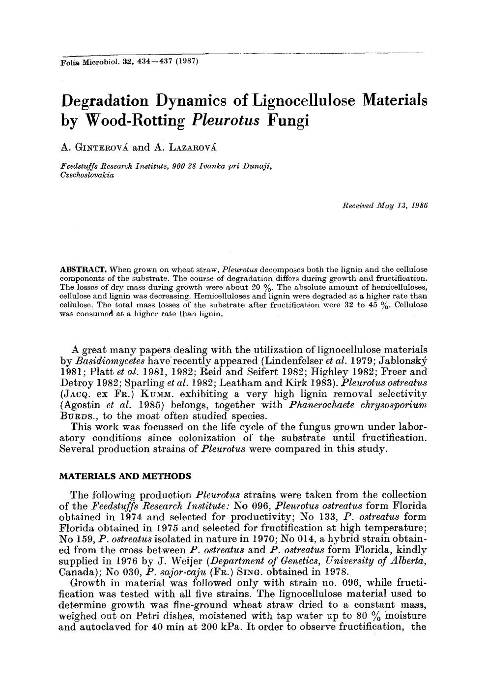 Degradation dynamics of lignocellulose materials by wood-rotting <Emphasis Type="Italic">Pleurotus <Emphasis> fungi by Unknown