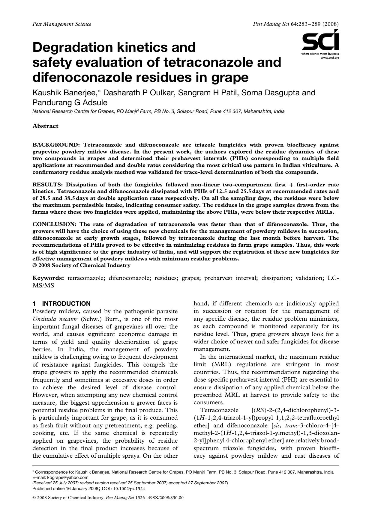 Degradation kinetics and safety evaluation of tetraconazole and difenoconazole residues in grape by Unknown